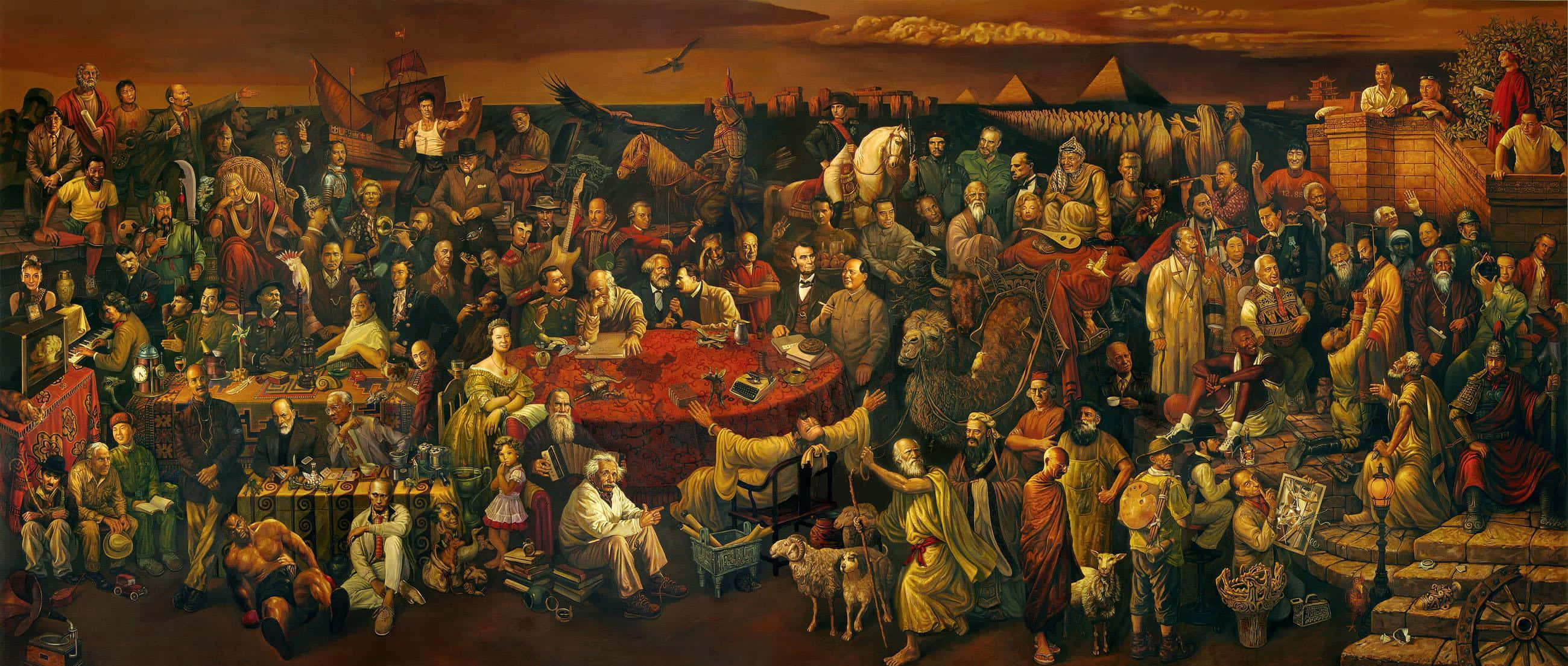 Famous 桌布 壁紙 — 一幅宏偉的歷史畫描繪了來自不同時代和文化的眾多人物，在溫暖的日落天空下聚集在一張中央紅桌周圍。