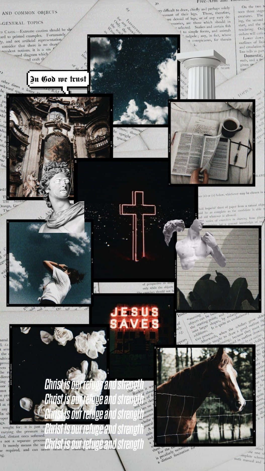 Cute Cross 桌布 壁紙 — 一幅宗教圖像拼貼，包括發光的十字架、馬、雕像和報紙背景上的文字疊加。