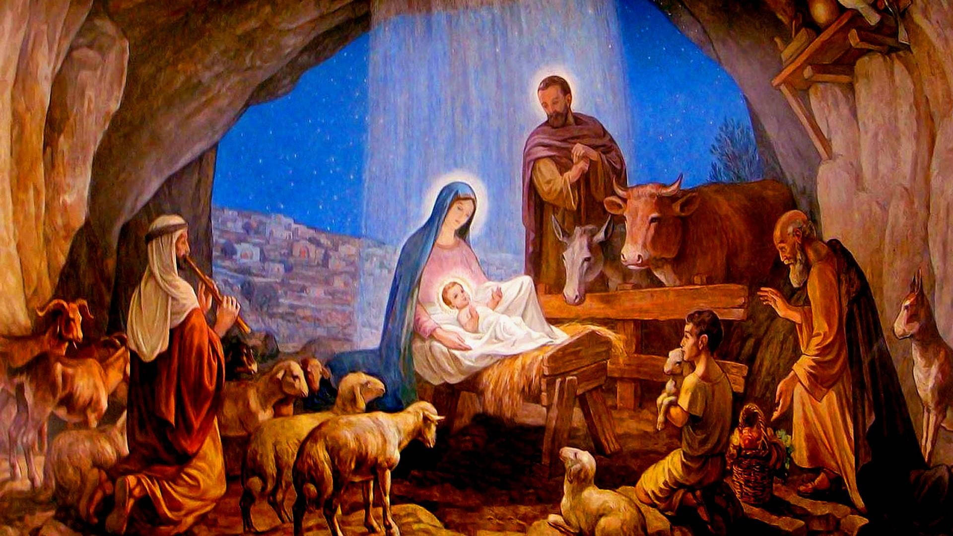 Christ 桌布 壁紙 — 一幅宗教畫描繪了耶穌誕生的場景，馬利亞在馬槽中抱著嬰兒耶穌，周圍有牧羊人、動物和星光燦爛的天空。
