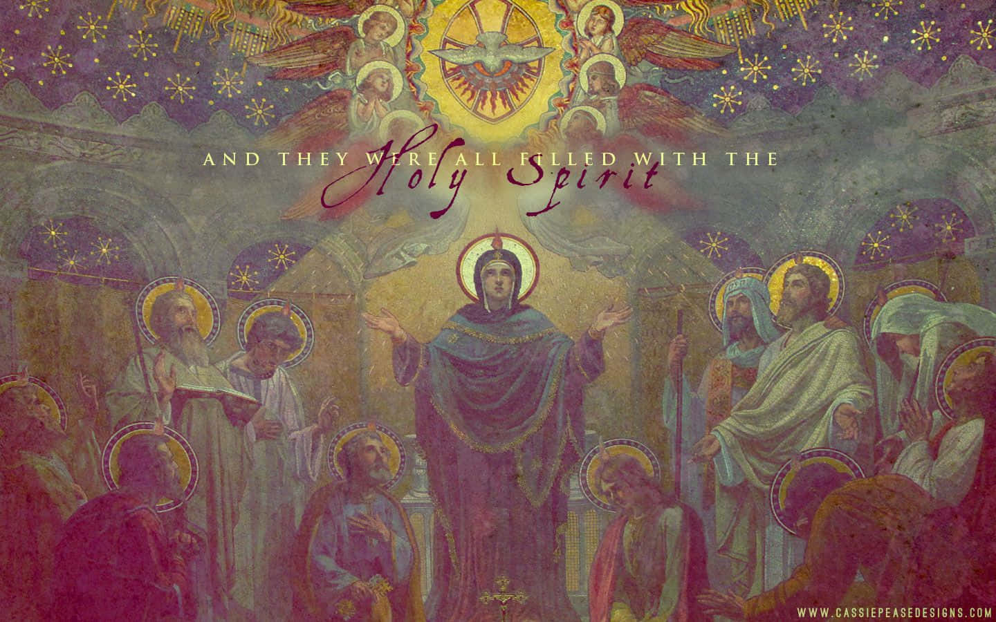 Religious Art 桌布 壁紙 — 一幅宗教畫描繪耶穌被帶有光環的使徒包圍，一隻鴿子從他們上方燦爛的陽光中降下。