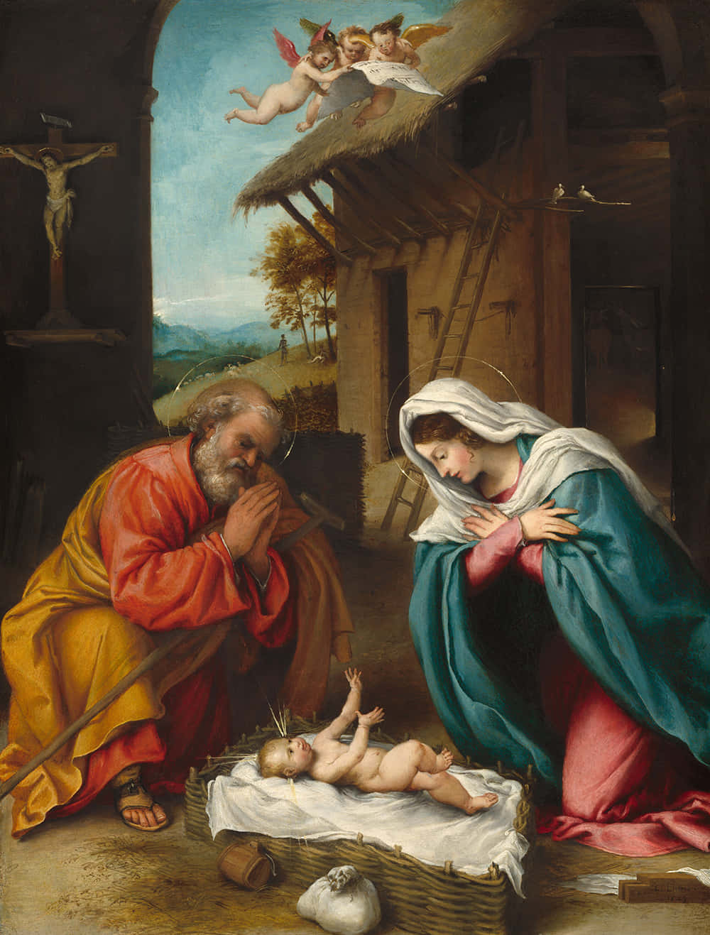 Nativity Scene 桌布 壁紙 — 一幅宗教畫描繪馬利亞和約瑟在簡陋的馬廄中跪拜嬰兒耶穌，上方有天使，背景有十字架。
