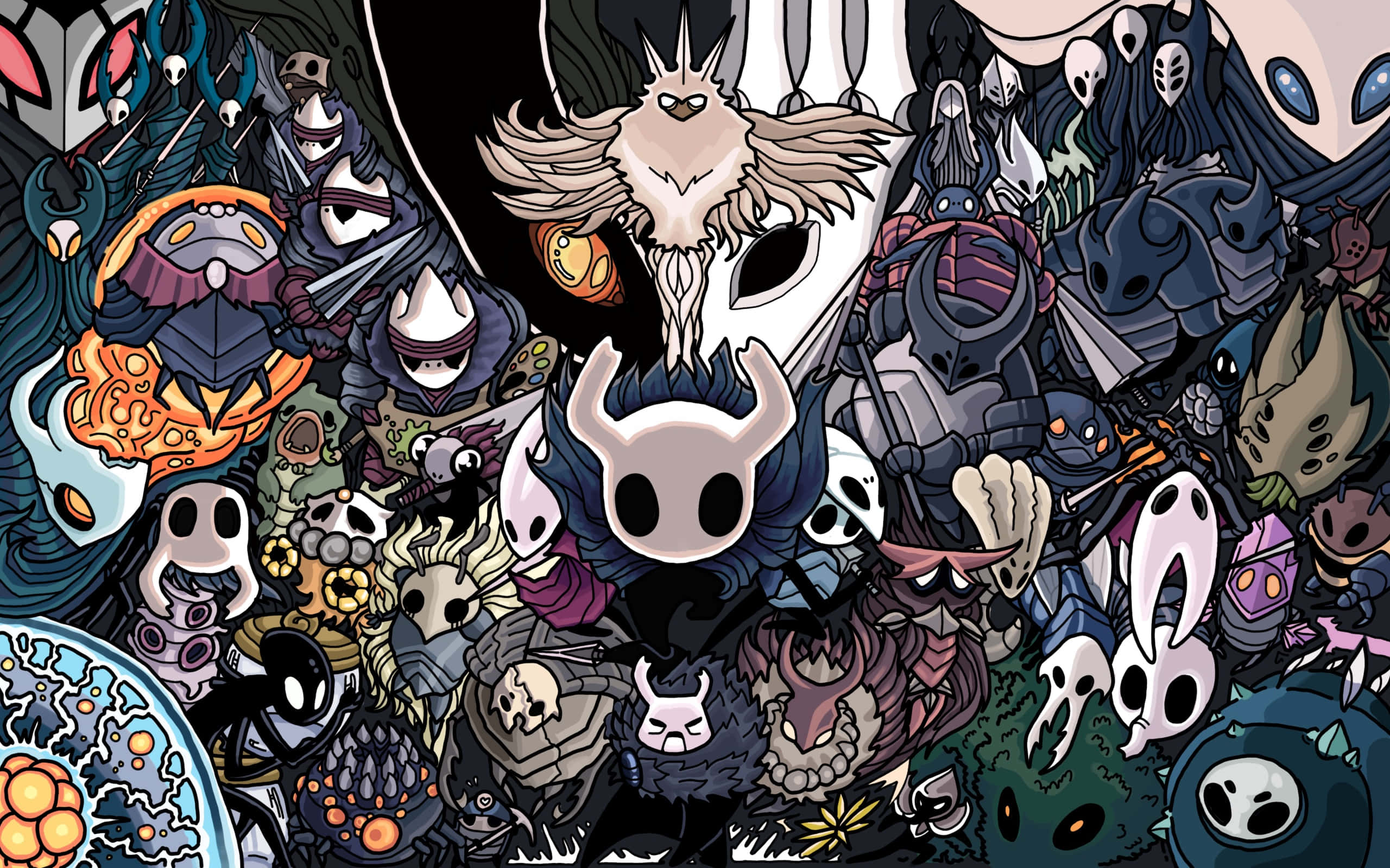 空洞騎士 桌布 壁紙 — 一幅密集插圖，描繪《Hollow Knight》角色身穿黑暗奇幻盔甲與面具，帶有發光眼睛和骷髏。