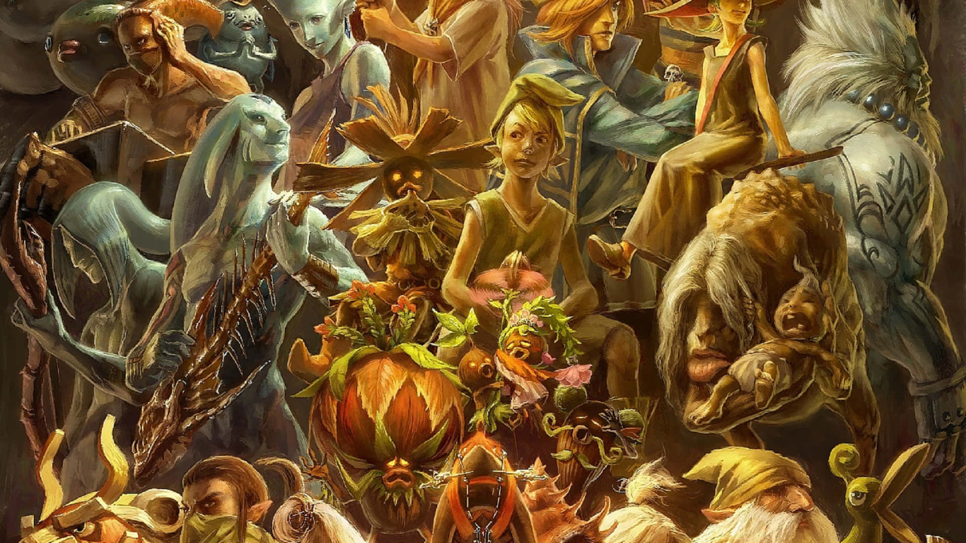 The Legend Of Zelda Characters 桌布 壁紙 — 一幅密集的奇幻插圖，充滿了各種神話生物和類人形體，採用豐富的大地色調。