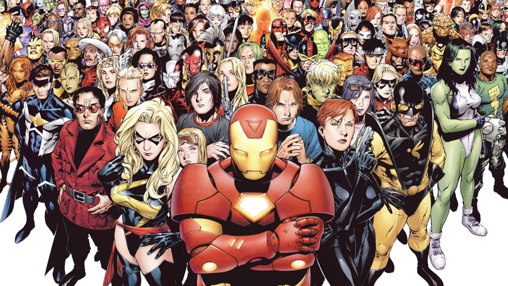 Marvel Desktop 桌布 壁紙 — 一幅密集的漫畫插圖，以鋼鐵人為中心，周圍環繞著數十位不同的超級英雄和反派。