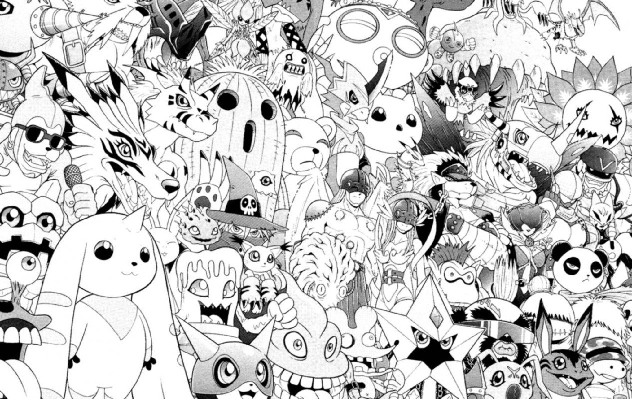 漫畫gif 桌布 壁紙 — 一幅密集的黑白插圖，充滿數十個不同動漫風格的數碼寶貝角色，擺出動態姿勢。