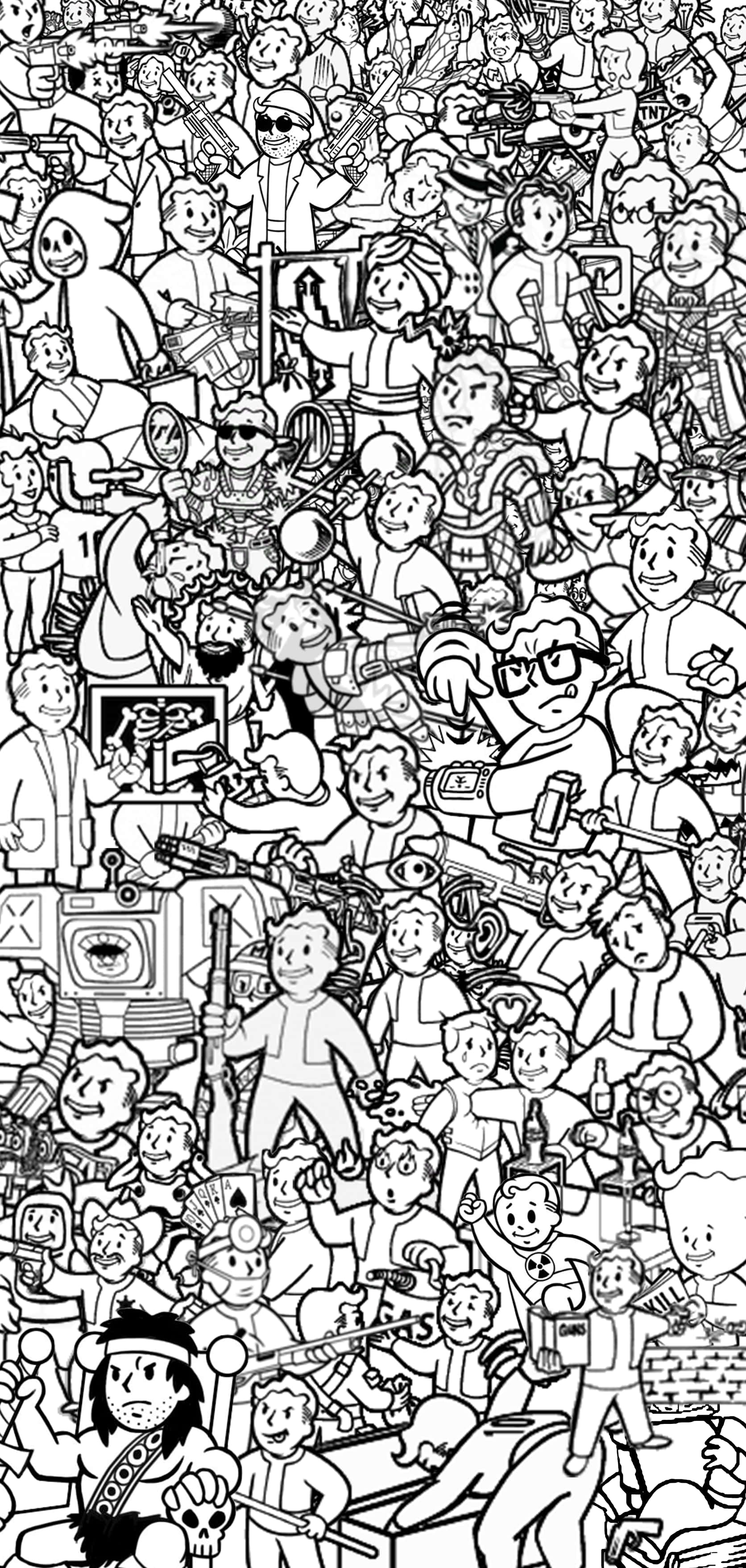 Vault Boy 桌布 壁紙 — 一幅密集的黑白插圖，充滿數百個不同卡通角色，以混亂重疊的姿勢呈現。