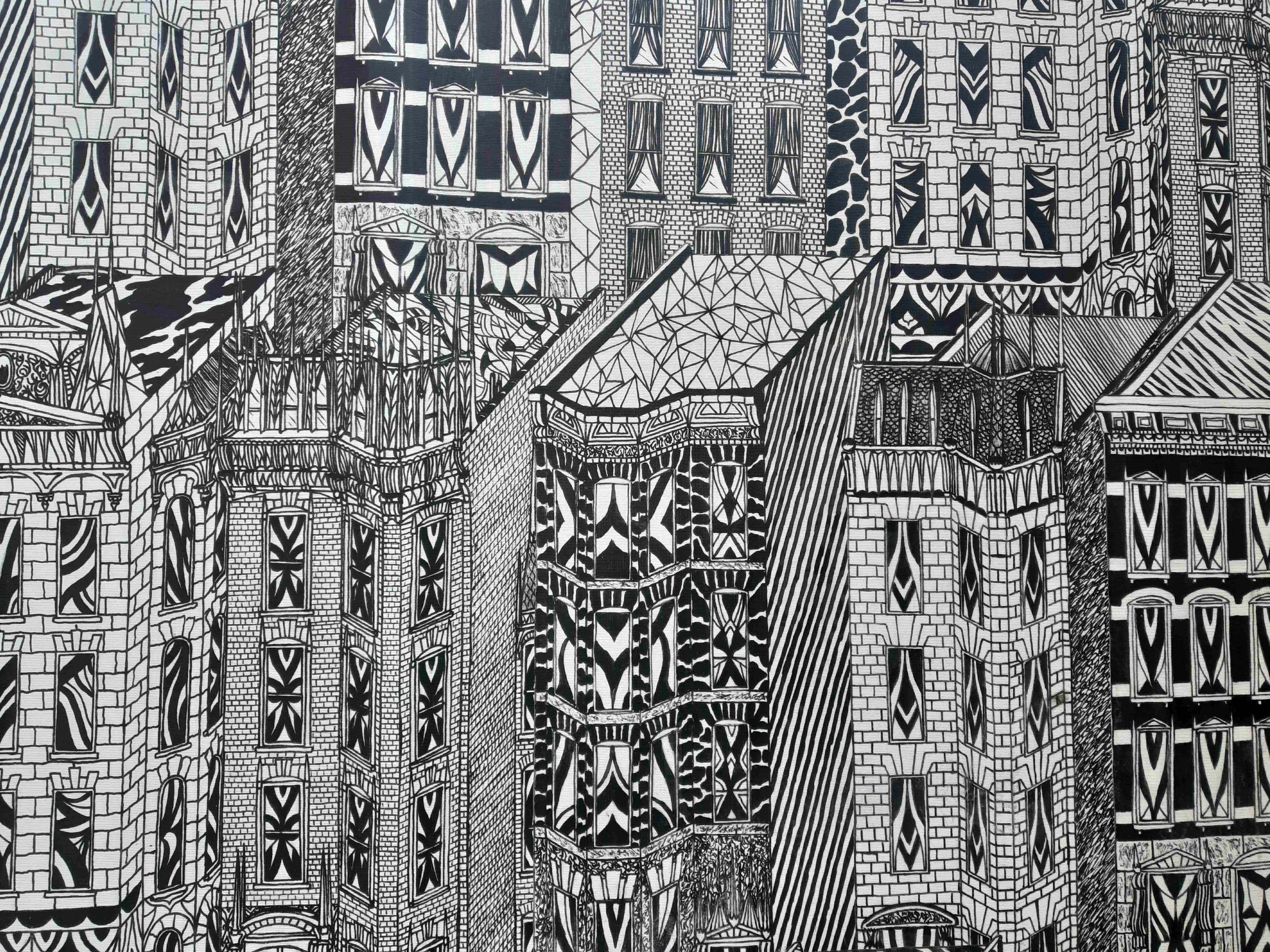 Drawing 桌布 壁紙 — 一幅密集的黑白插圖，描繪了華麗、幾何圖案的城市建築，帶有複雜的窗戶設計。