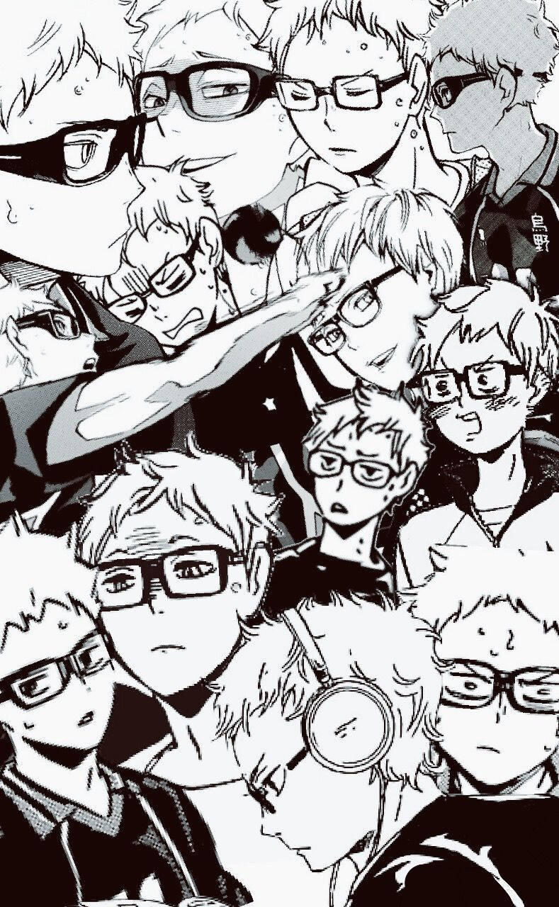 kei tsukishima 桌布 壁紙 — 一幅密集的黑白漫畫拼貼，包含多個戴眼鏡、表情強烈的年輕男性角色。