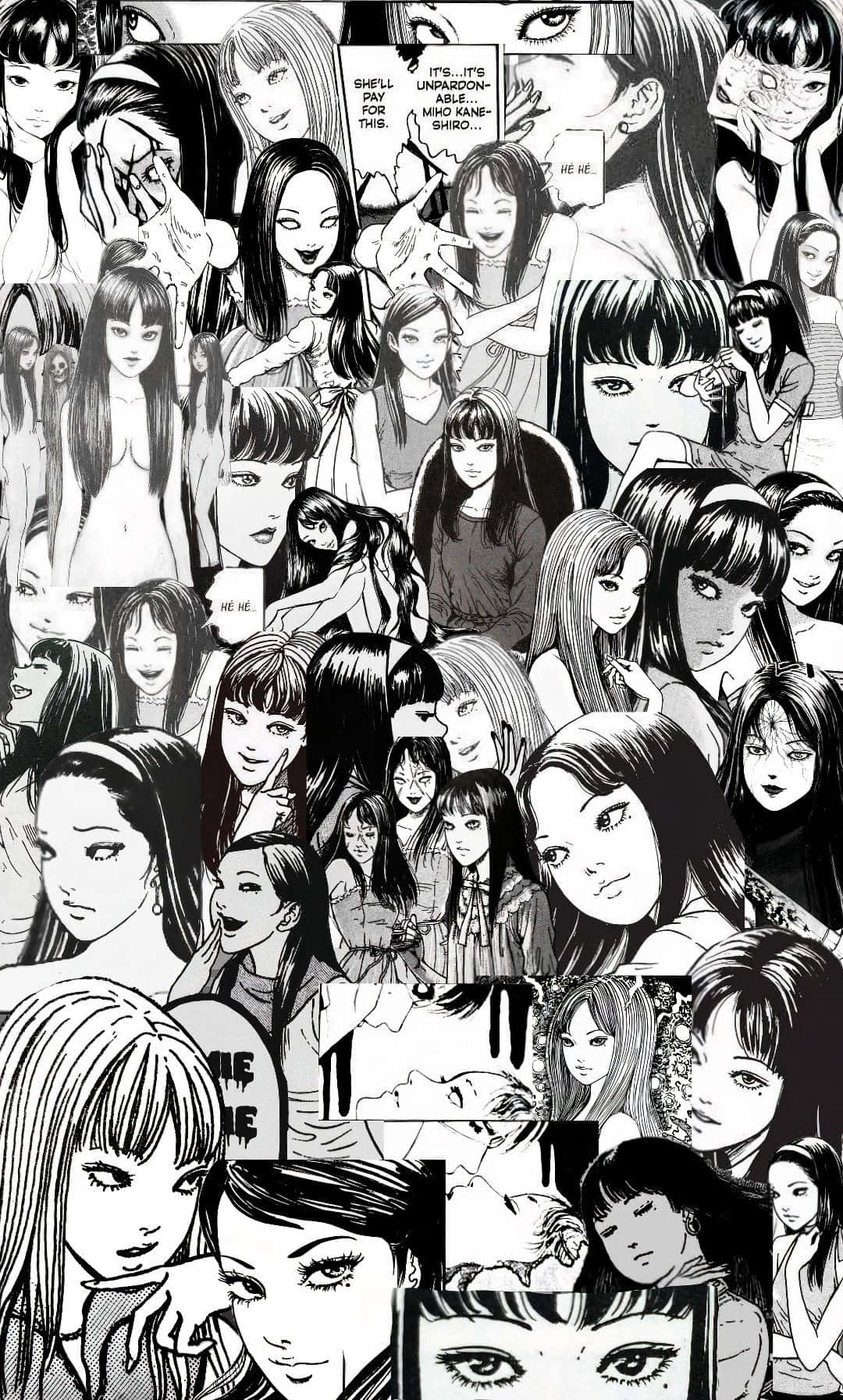 Tomie 桌布 壁紙 — 一幅密集的黑白漫畫拼貼畫， featuring 眾多表情豐富的女性角色，姿勢各異，情緒多樣。