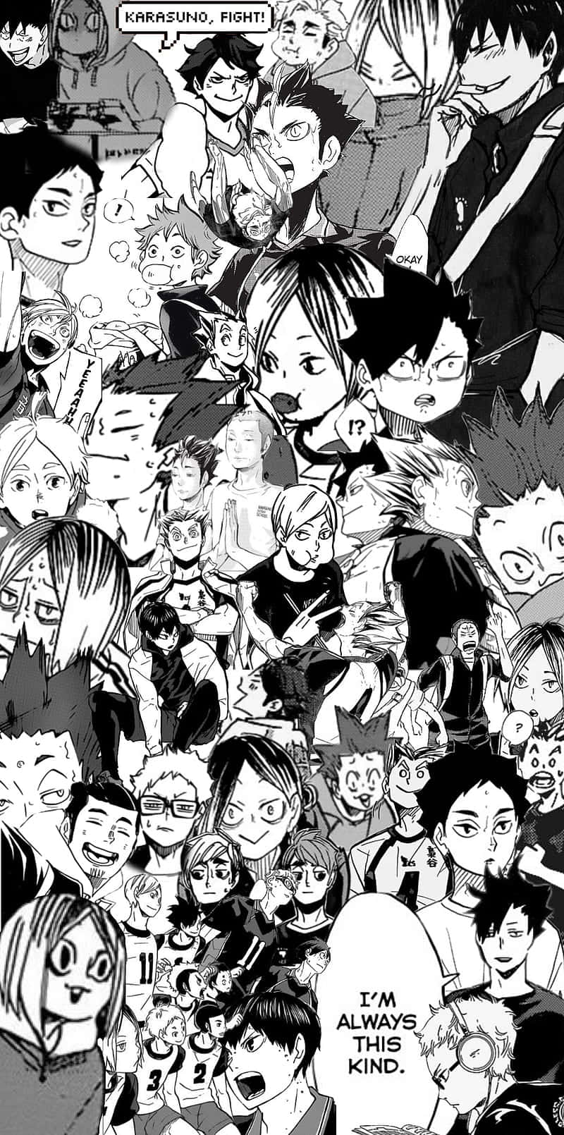 Haikyuu Fan Art 桌布 壁紙 — 一幅密集的黑白漫畫拼貼畫，包含數十個表情豐富的排球角色，呈現動態姿勢和對話氣泡。