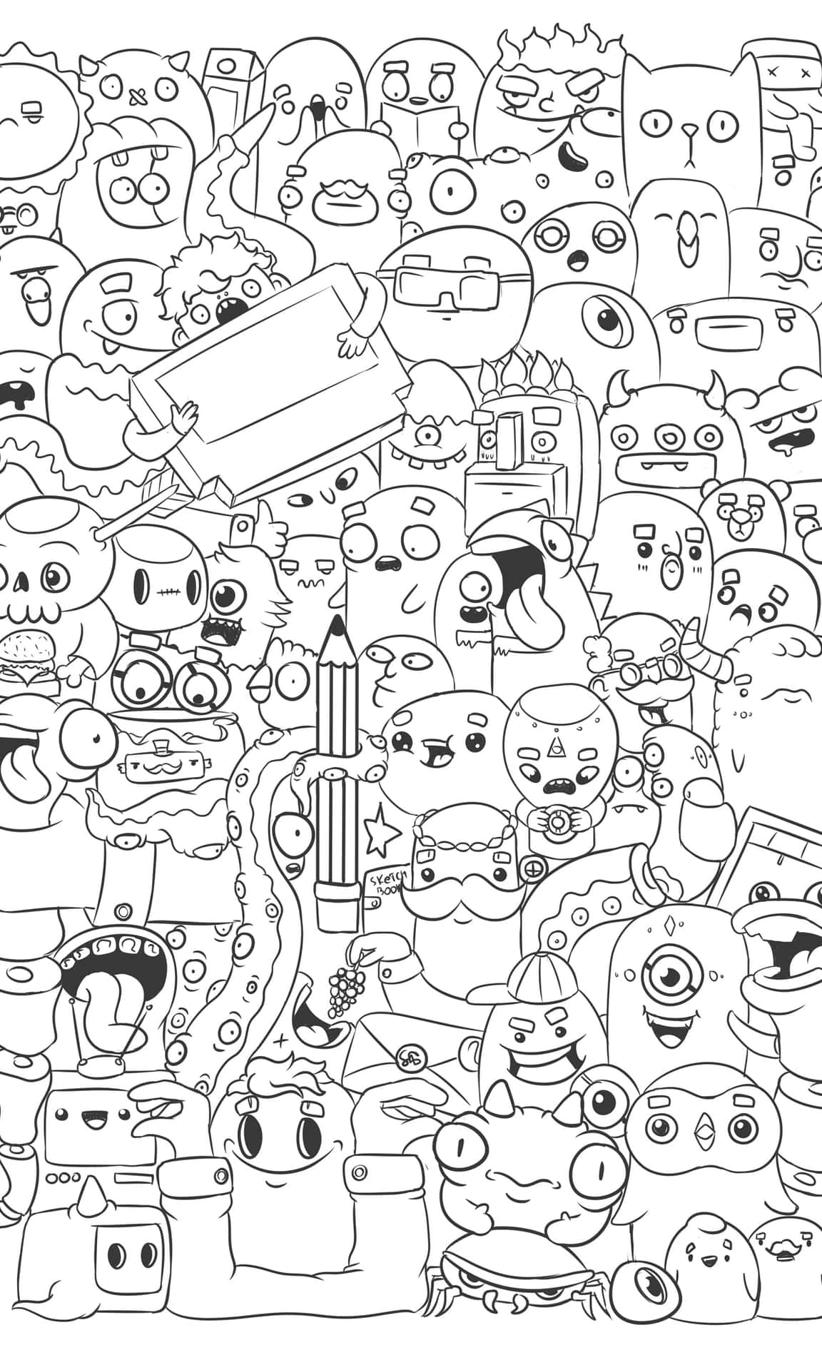 塗鴉動圖 桌布 壁紙 — 一幅密集的黑白線條畫，描繪數十個可愛古怪的卡通角色和物體緊密地擠在一起。