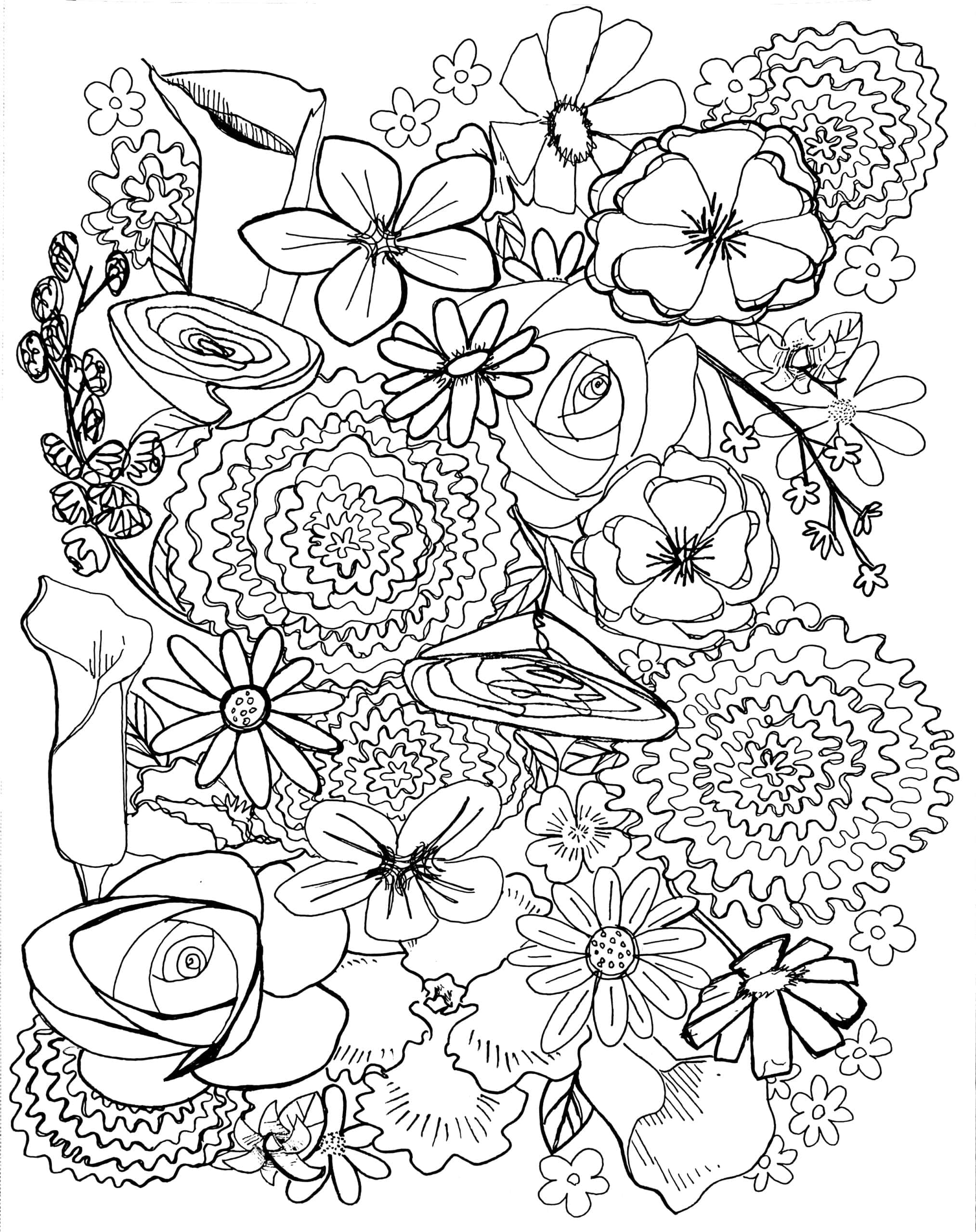 Flower Coloring 桌布 壁紙 — 一幅密集的黑白線條藝術插圖，充滿多樣的花卉圖案和複雜的花瓣設計。