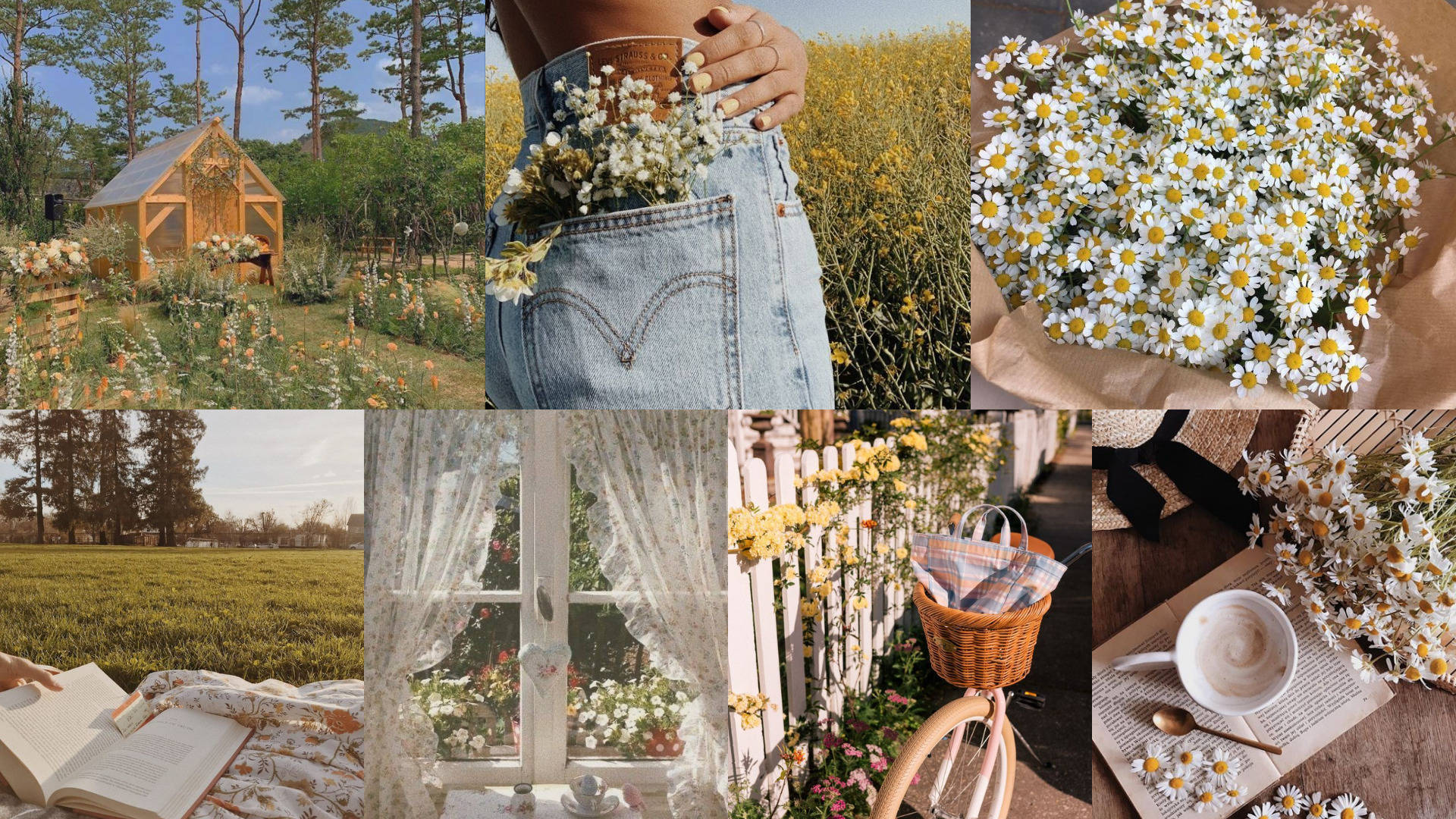 Spring Aesthetic 桌布 壁紙 — 一幅寧靜田園風光的拼貼畫，包括口袋和籃子裡的雛菊、木製涼亭、窗邊的書本以及帶有花朵的腳踏車。