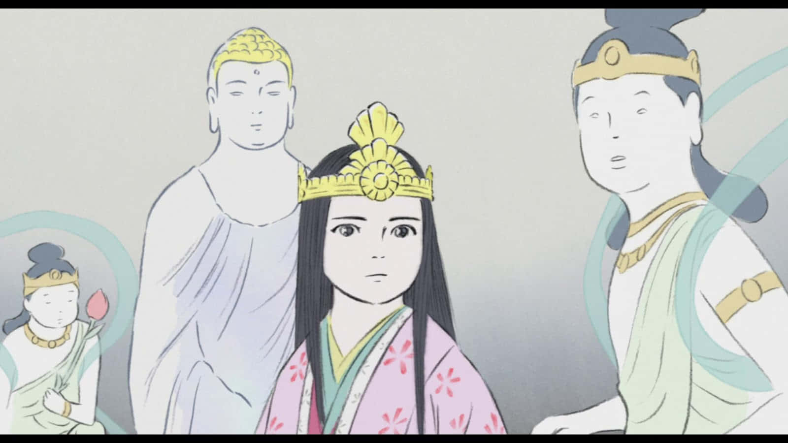 The Tale Of The Princess Kaguya 桌布 壁紙 — 一幅寧靜的動漫風格插圖，描繪一位身穿粉紅花卉和服、頭戴金色皇冠的年輕女性，兩側有飄逸的佛教人物，背景為柔和漸變色。