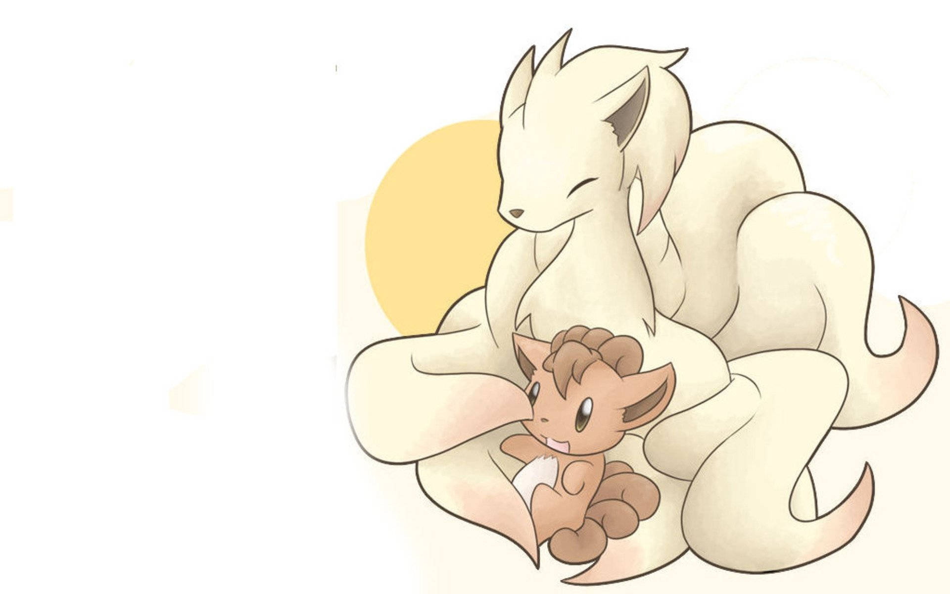 Pokémon 手機 桌布 壁紙 — 一幅寧靜的動漫風格插圖，描繪一隻大型奶油色狐狸在柔和的黃色太陽背景下輕輕懷抱一隻小棕色狐狸幼崽。