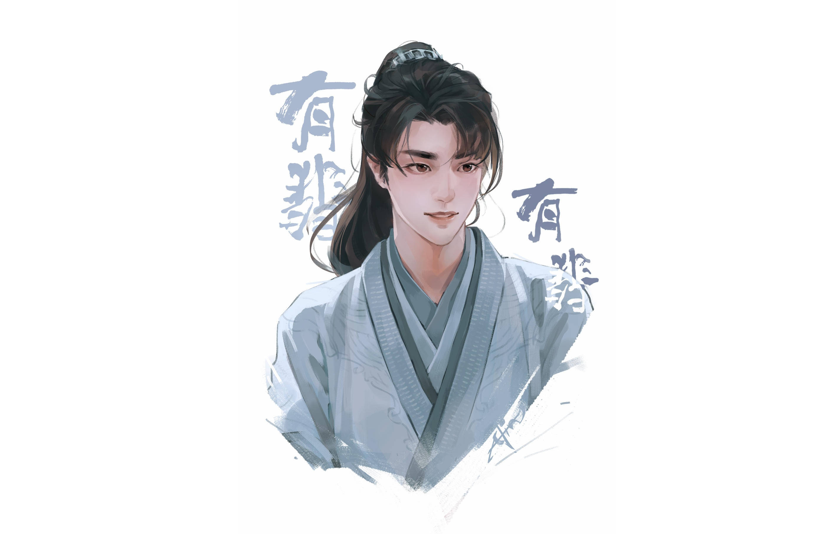 王一博 桌布 壁紙 — 一幅寧靜的動漫風格肖像，描繪一位身穿傳統長袍、擁有飄逸黑髮和柔和藍灰色調的年輕男子。