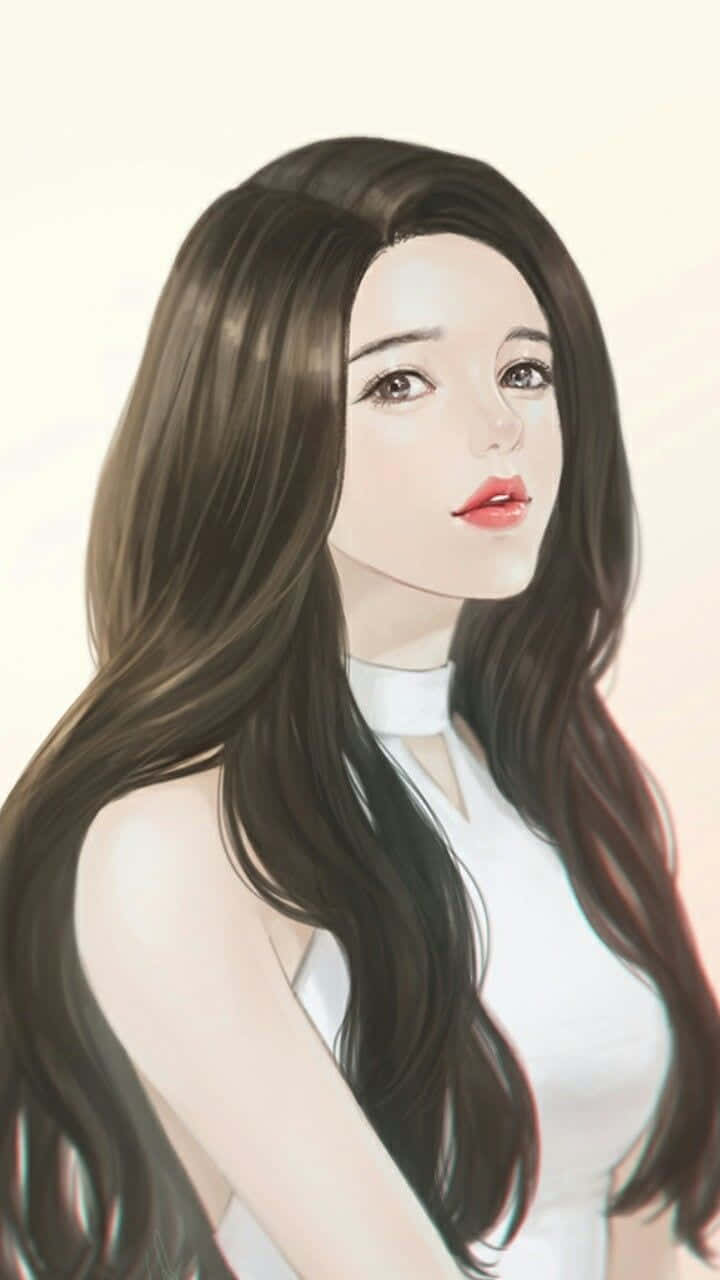 Cartoon 桌布 壁紙 — 一幅寧靜的動漫風格肖像，描繪一位年輕女性，長著深色長髮和柔軟的紅唇，身穿白色上衣，背景蒼白。