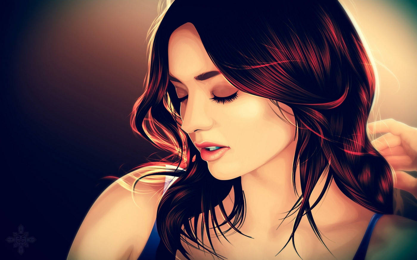 美女 桌布 壁紙 — 一幅寧靜的動漫風格肖像，描繪一位黑髮閉眼的女性沐浴在溫暖的金色光芒中。