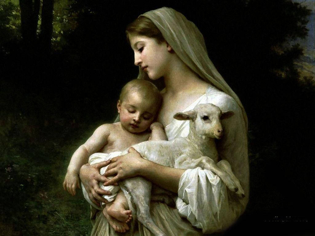 Virgin Mary 桌布 壁紙 — 一幅寧靜的古典繪畫，描繪一位戴著面紗的女子在黑暗的森林中懷抱著熟睡的嬰兒和一隻羔羊。