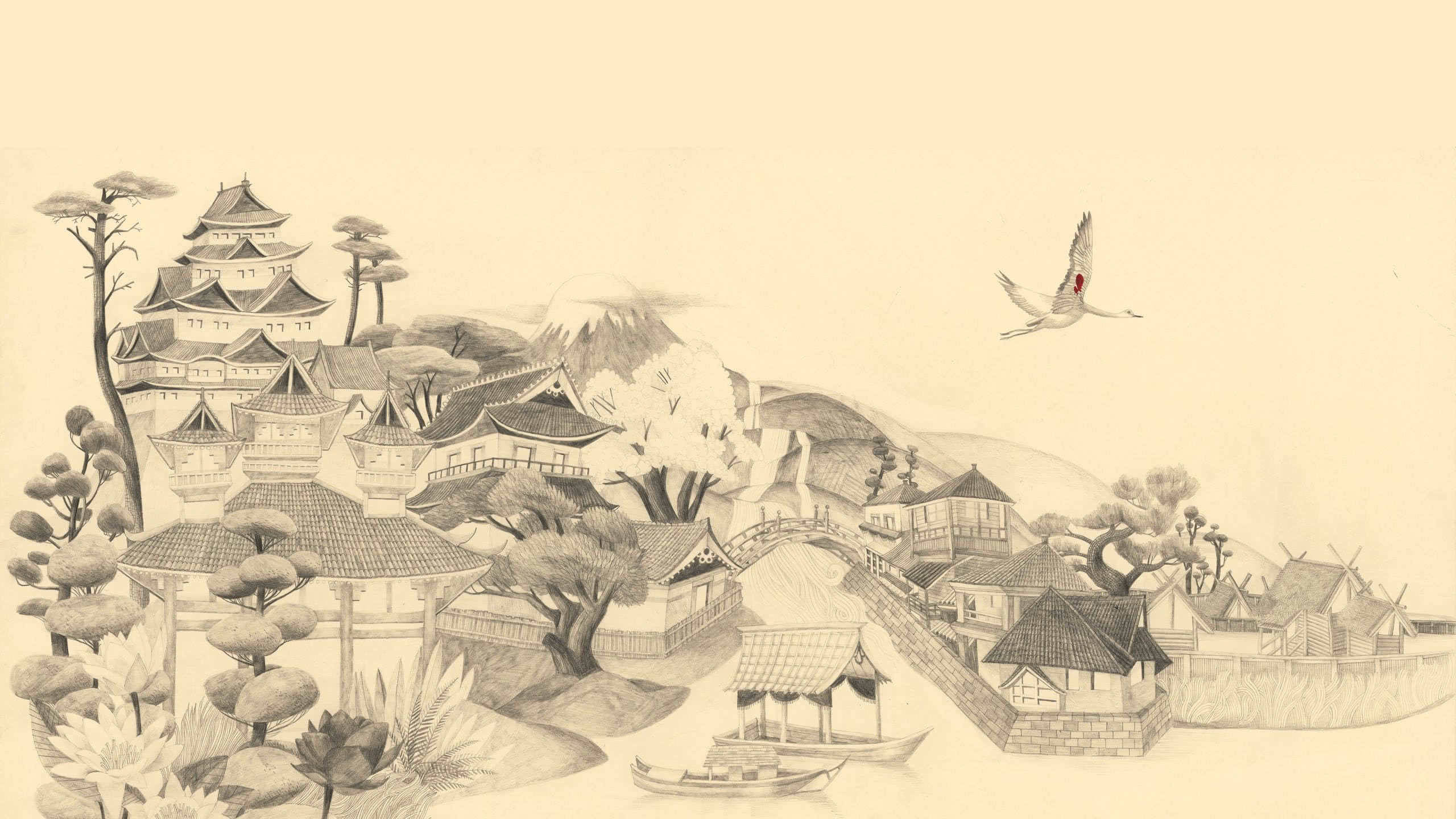 Drawing 桌布 壁紙 — 一幅寧靜的墨水素描，描繪了傳統日本村莊，有寶塔、船隻和鶴在霧濛濛的山上飛翔。