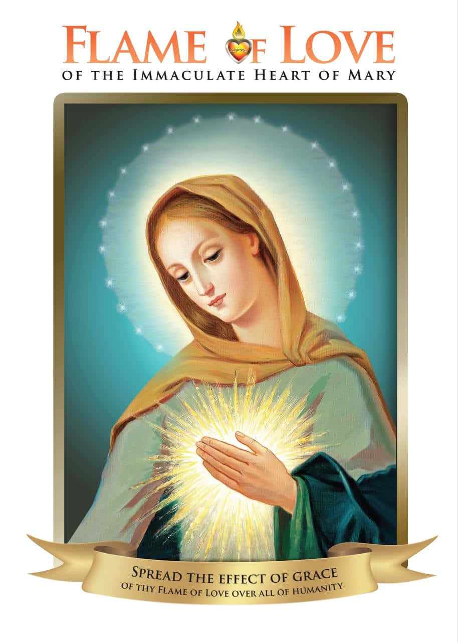 Mother Mary 桌布 壁紙 — 一幅寧靜的宗教插圖，描繪瑪利亞在青綠色背景前，手持散發光芒的心臟，頭頂光環。
