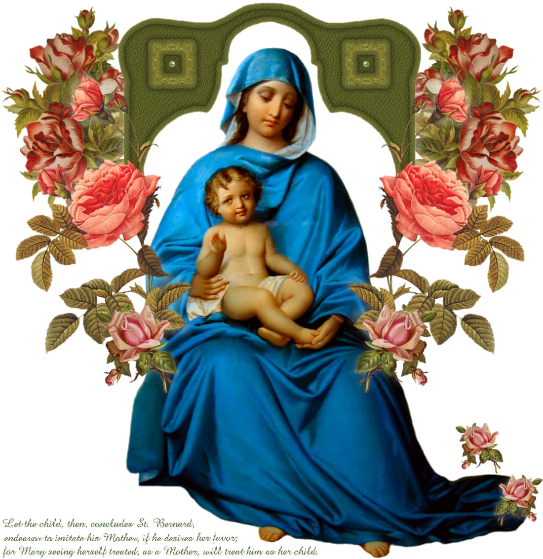 Mother Mary 桌布 壁紙 — 一幅寧靜的宗教畫作，描繪一位身穿藍色長袍的女子抱著一個孩子，周圍環繞著茂盛的粉紅玫瑰和華麗的綠色邊框。