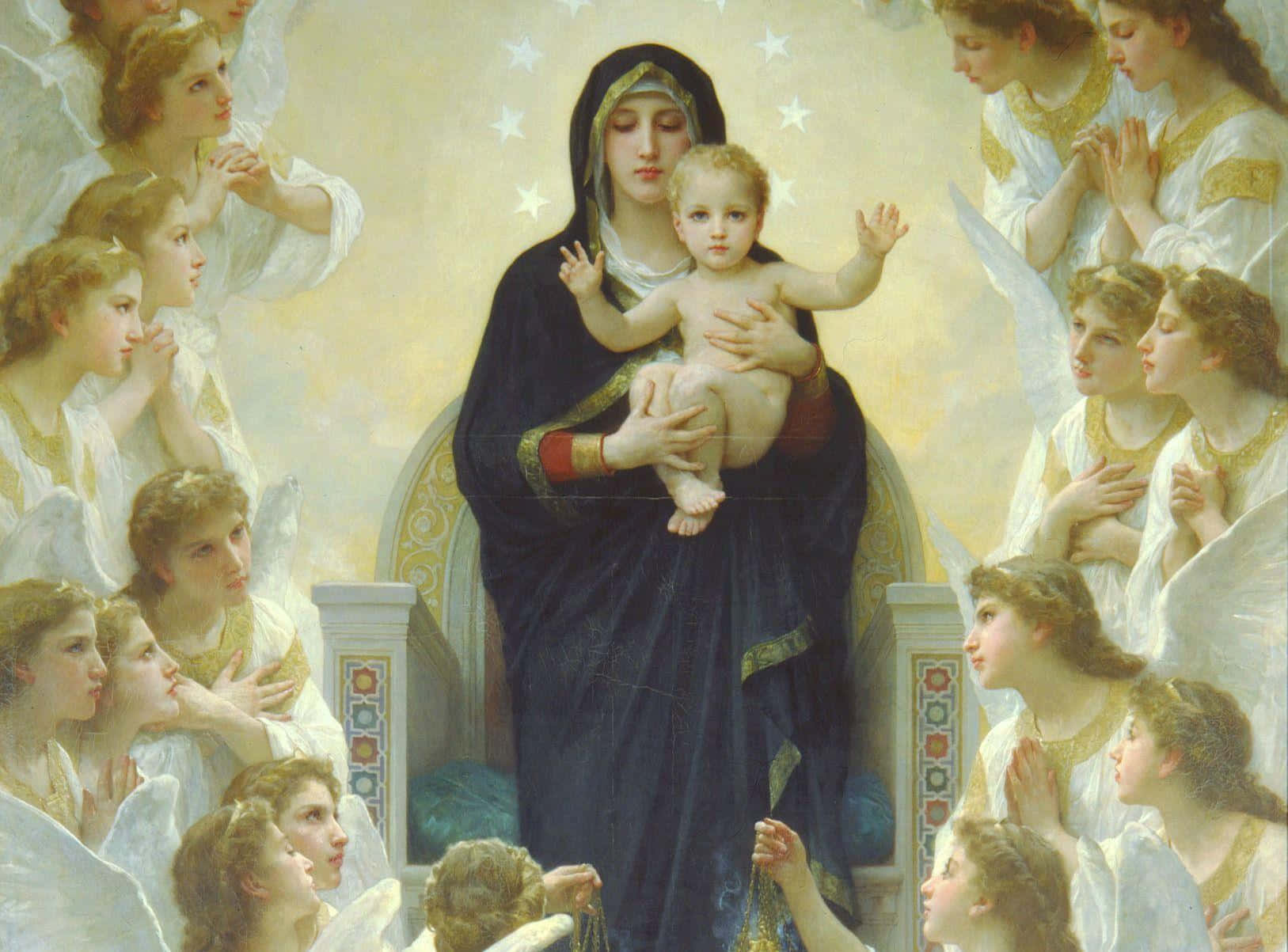 Catholic Desktop 桌布 壁紙 — 一幅寧靜的宗教畫描繪聖母瑪利亞懷抱基督嬰孩，周圍有身穿白袍的敬拜天使。