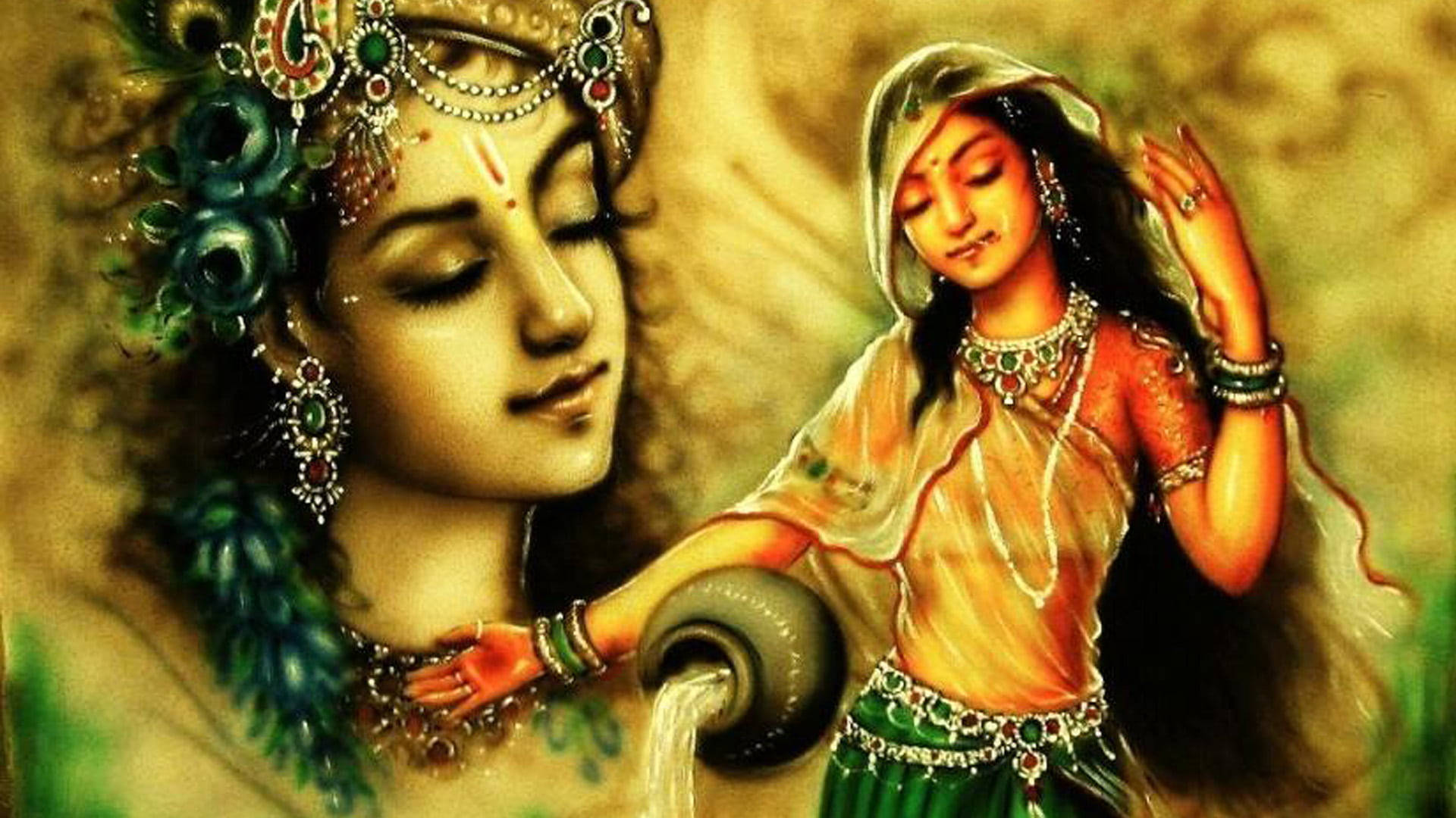 Shri Krishna 桌布 壁紙 — 一幅寧靜的插圖，描繪一位女子從壺中倒水到一位飾有孔雀羽毛和珠寶的神聖人物的臉上。