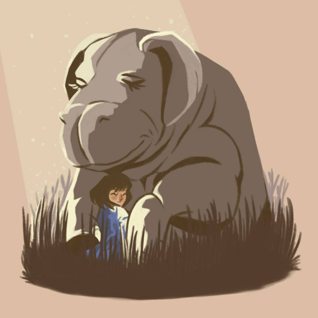 okja 桌布 壁紙 — 一幅寧靜的插圖，描繪一個孩子在柔和的溫暖光線下，安詳地躺在草地上，旁邊是一頭溫和的巨象。