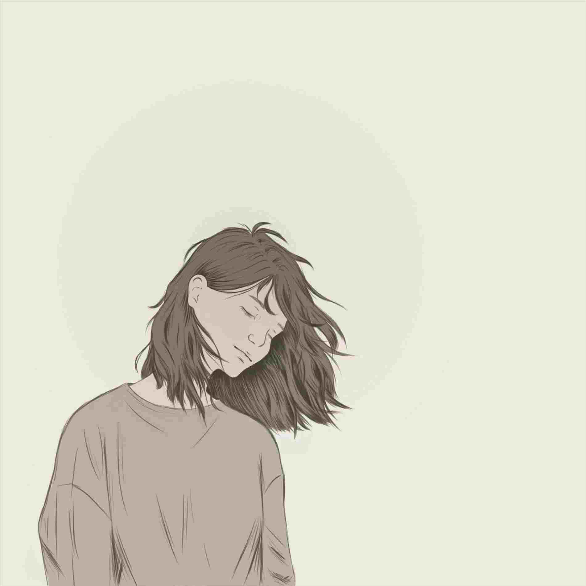 桌布 壁紙 — 一幅寧靜的插圖，描繪一個閉著眼睛、頭髮凌亂的人，在柔和的粉彩背景上平靜地休息。