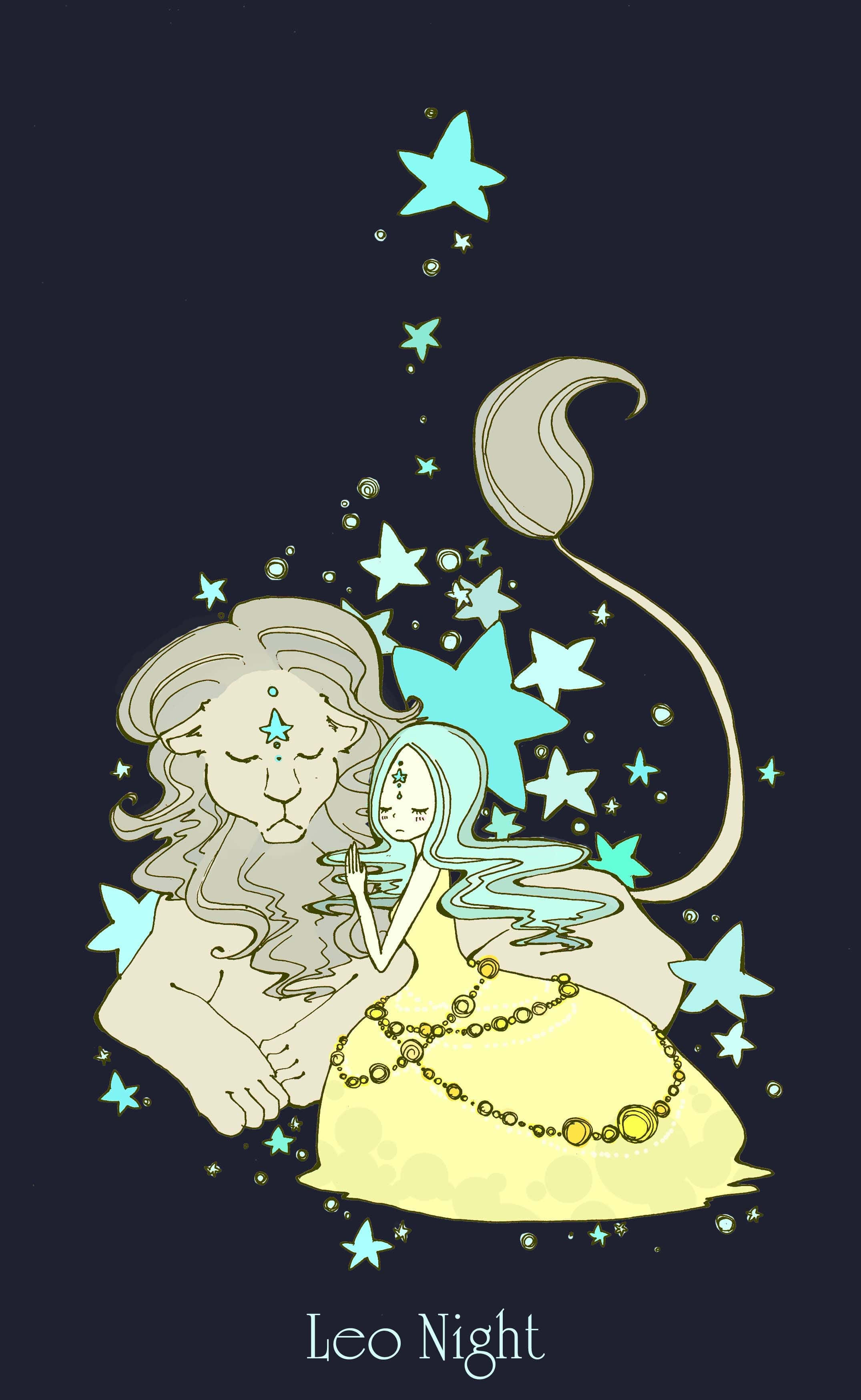 Leo 桌布 壁紙 — 一幅寧靜的插圖，描繪一頭獅子和一個女孩，被發光的藍色星星和一彎新月環繞，背景是黑暗的夜空。