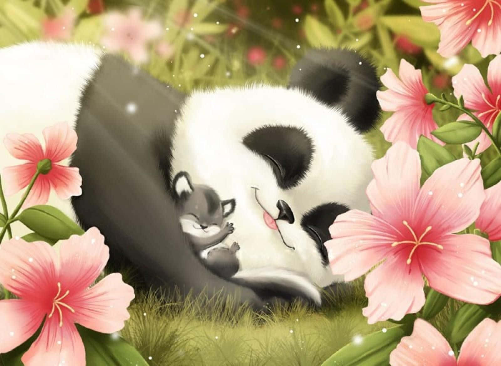 Kawaii Panda 桌布 壁紙 — 一幅寧靜的插圖，描繪了一隻大熊貓和一隻小狐狸寶寶在陽光明媚的草地上，盛開的粉紅色花朵中安然入睡。