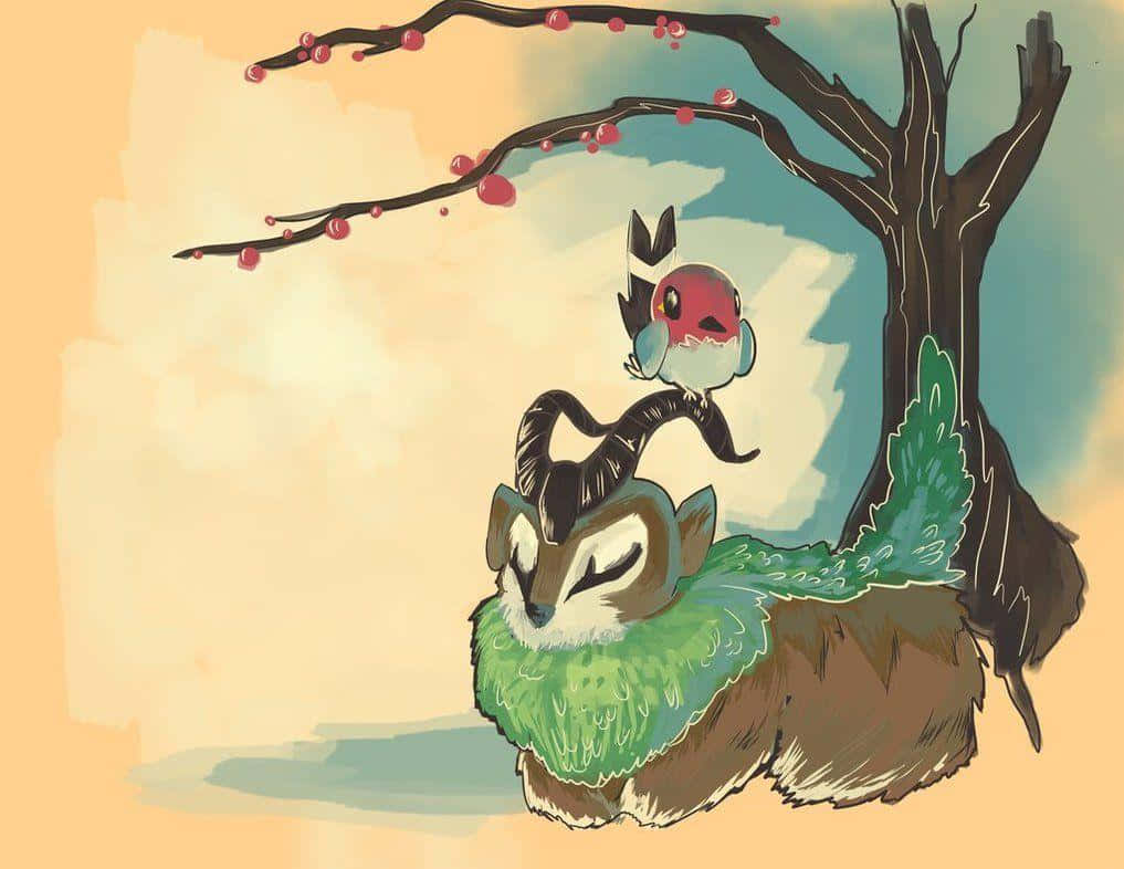 寶可夢 桌布 壁紙 — 一幅寧靜的插圖，描繪了一隻小鳥棲息在一隻在盛開樹枝下睡覺的鹿身上。