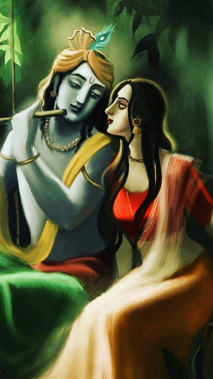 krishna iPhone 桌布 壁紙 — 一幅寧靜的插圖，描繪克里希納在茂密的綠色森林中吹笛子，而拉達凝視著他。