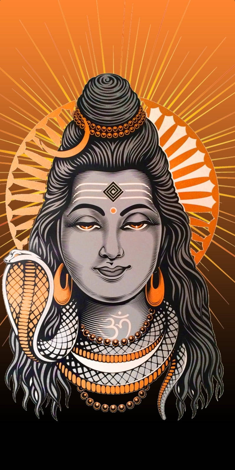 bhole baba 桌布 壁紙 — 一幅寧靜的插圖肖像，描繪濕婆神帶著盤繞的眼鏡蛇、耀眼的橙色光環和精緻的珠寶，背景為漸變色。