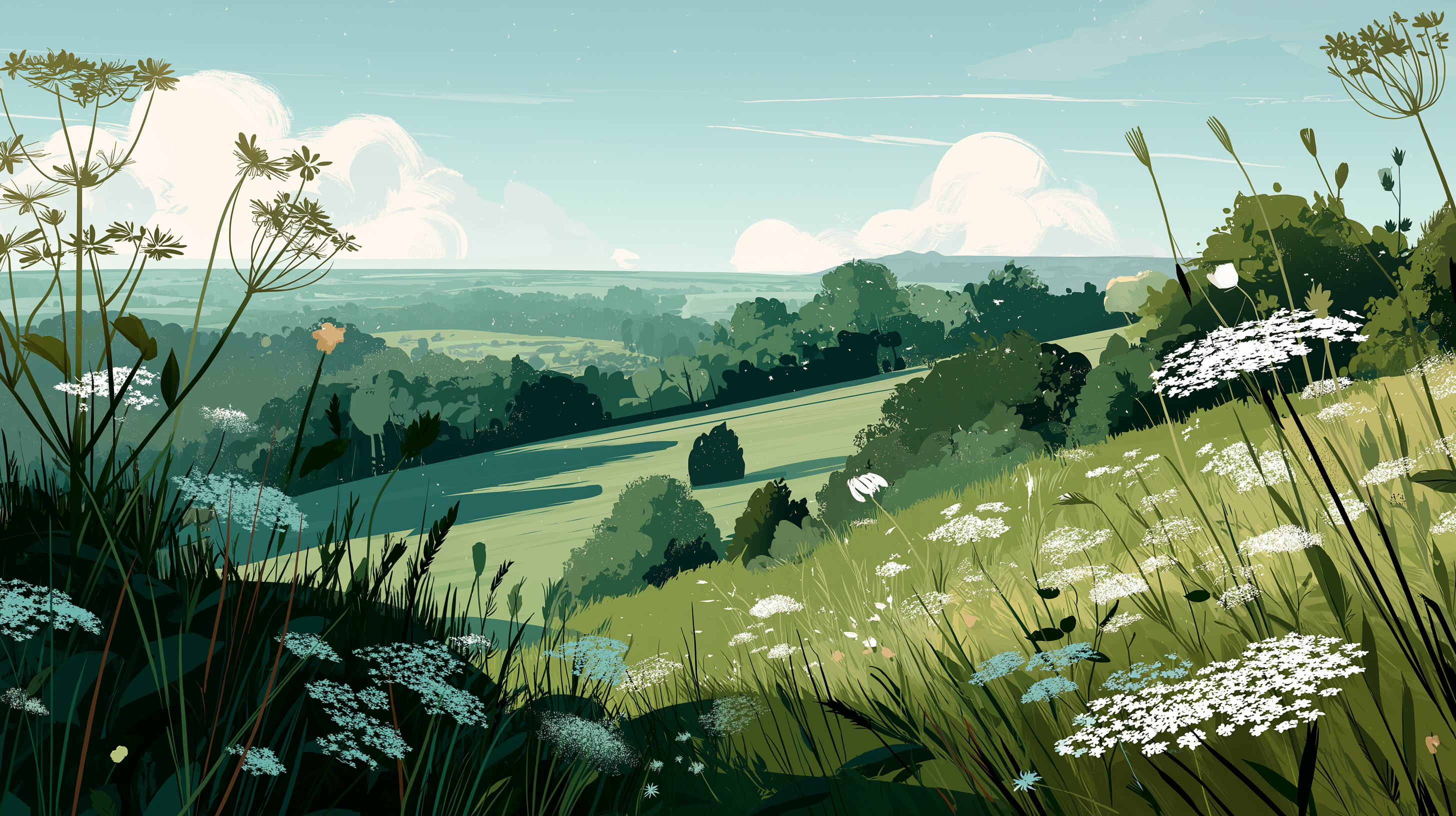 Wildflowers 桌布 壁紙 — 一幅寧靜的插圖風景，連綿起伏的綠色山丘上點綴著野花，柔和的藍天下飄著蓬鬆的白雲。