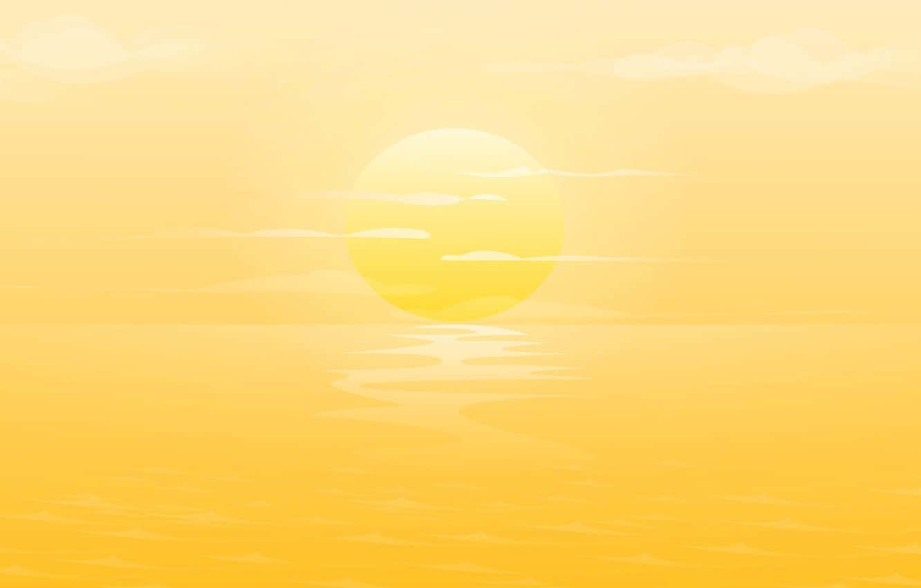 Yellow Sunset 桌布 壁紙 — 一幅寧靜的數位插畫，描繪金色夕陽在平靜的水面上落下，伴隨著柔和的雲朵和溫柔的倒影。