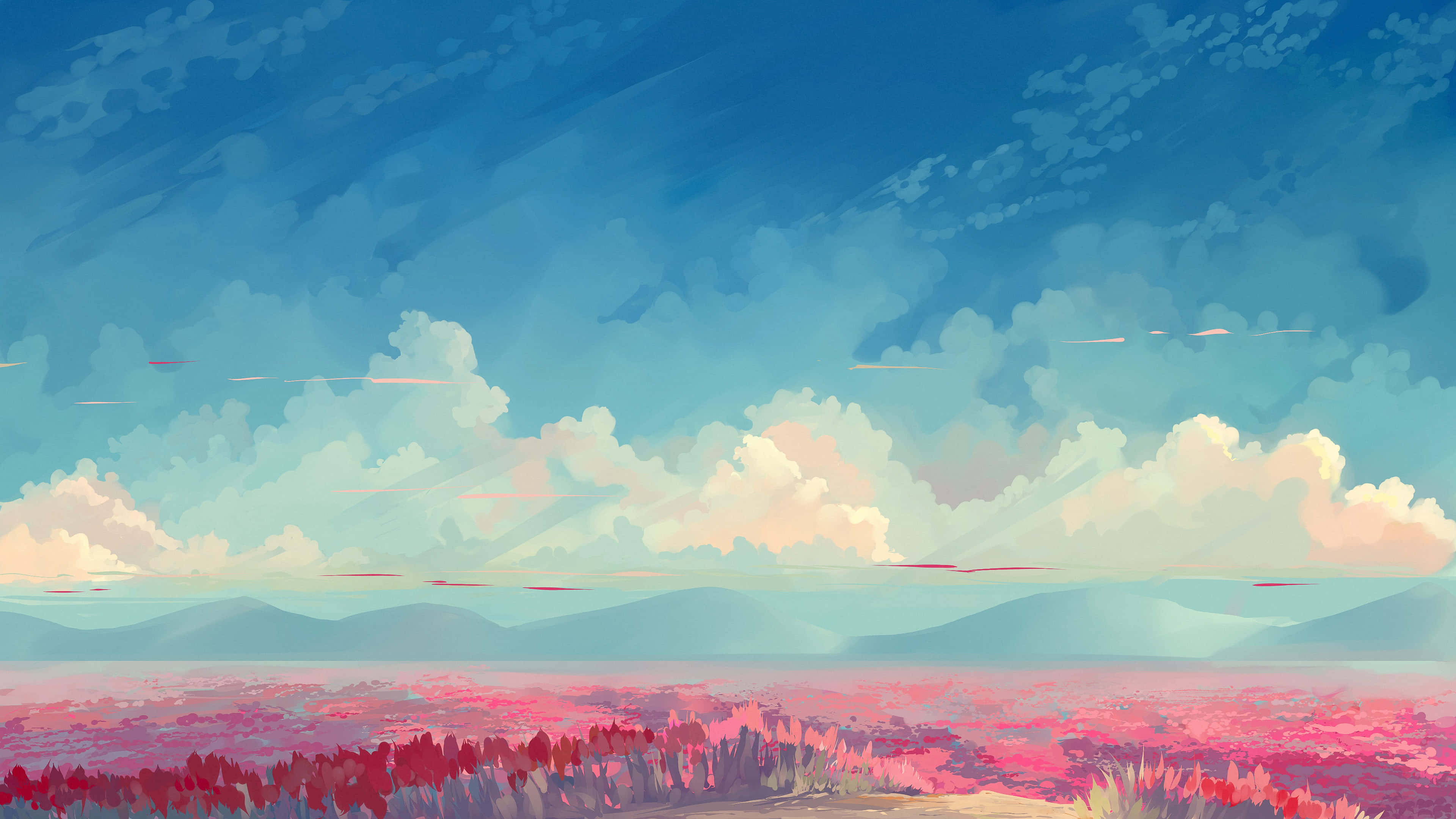 Colorful Sky 桌布 壁紙 — 一幅寧靜的數位畫作，描繪了在漸變藍天下、帶有柔和雲朵和遠山的廣闊粉紅色田野。