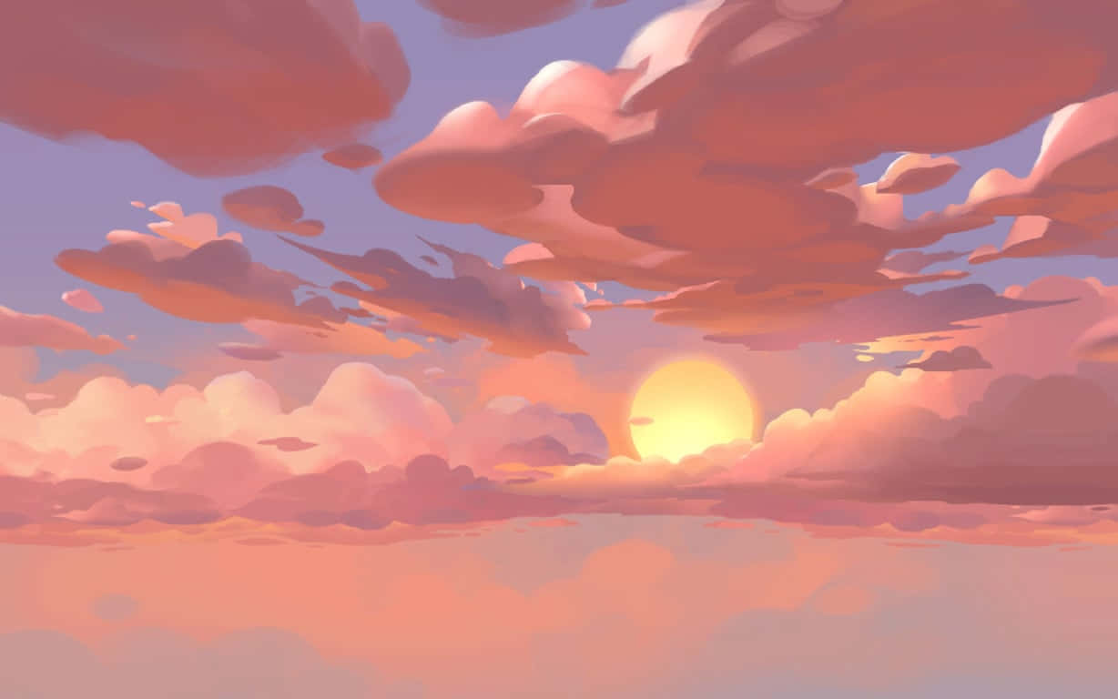 Pink Anime 桌布 壁紙 — 一幅寧靜的數位畫作，描繪日落時分，柔和的粉橙色雲彩環繞著發光的太陽。