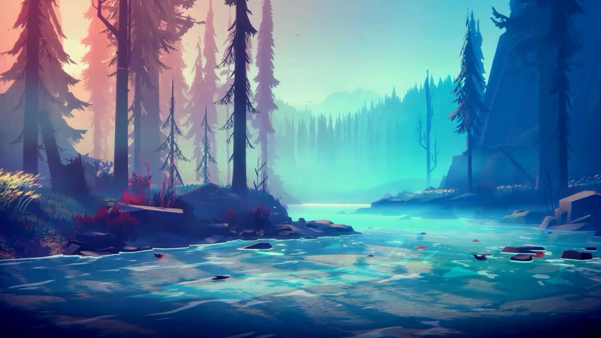 Minimalist Forest 桌布 壁紙 — 一幅寧靜的數位畫作，描繪霧氣瀰漫的森林河流，在柔和的粉紅與藍色天空下，閃耀著碧綠色的水流和高聳的松樹。