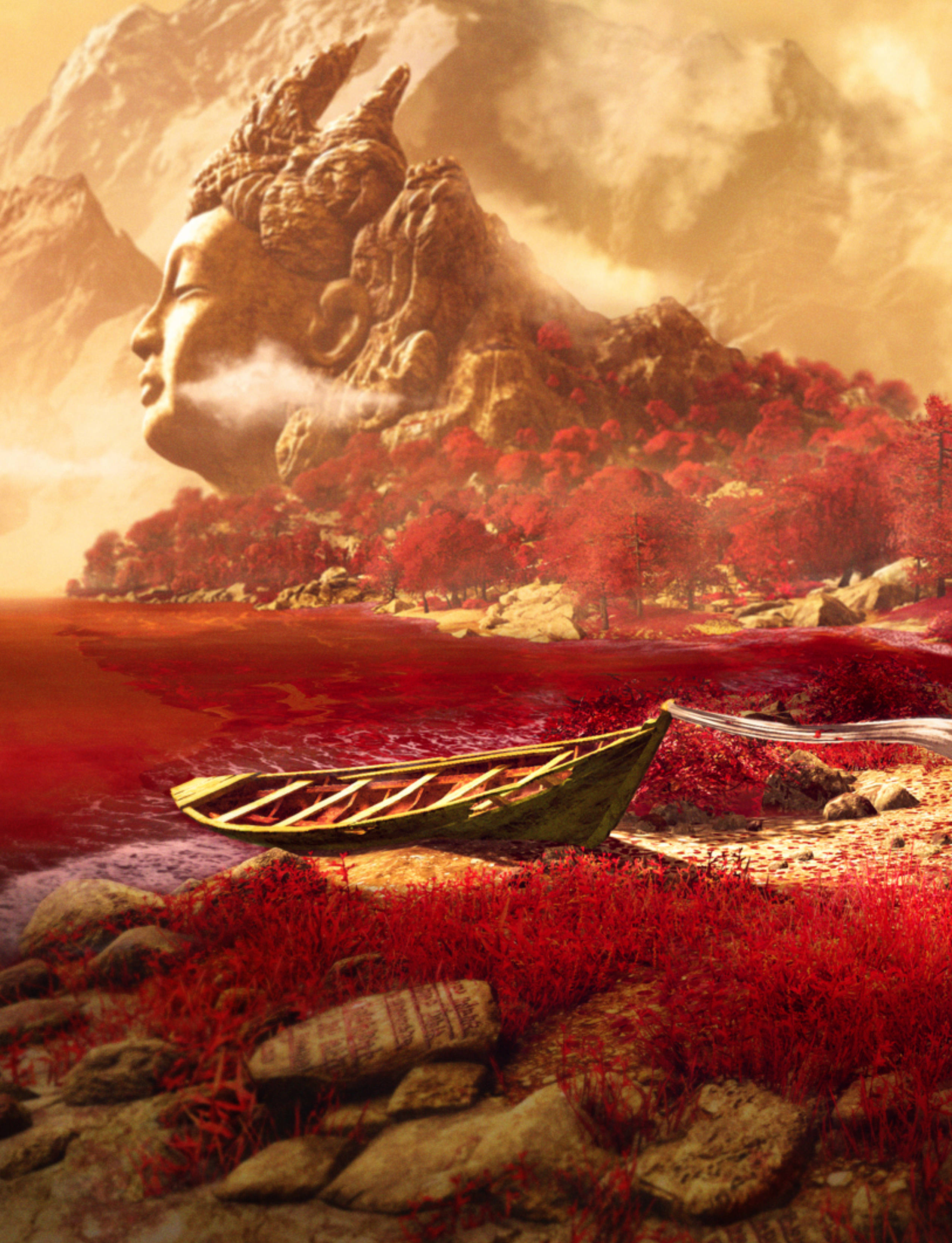far cry iPhone 桌布 壁紙 — 一幅寧靜的數位藝術作品描繪了一個巨大的石佛頭從霧氣繚繞的山巒中浮現，下方是深紅色的湖泊，一艘孤獨的木船停泊在紅草覆蓋的岸邊。