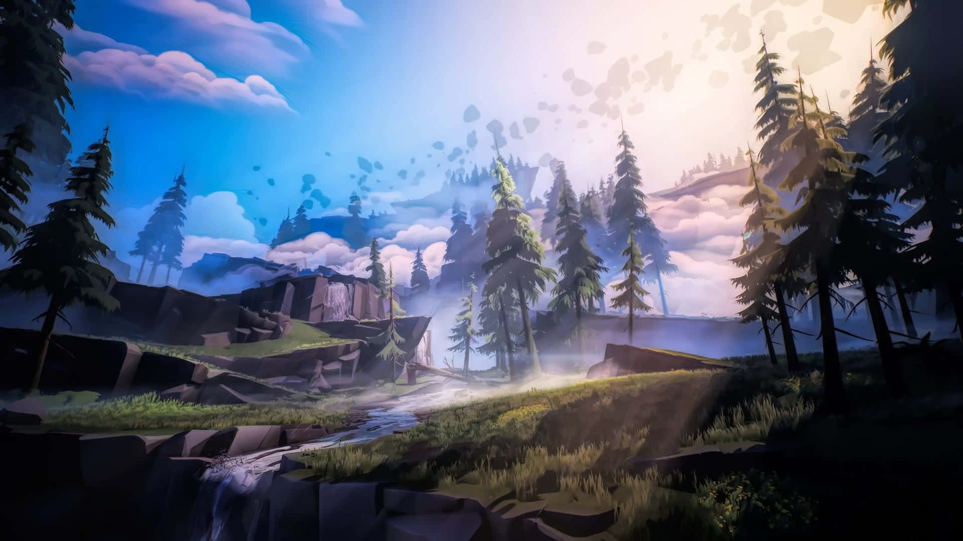 game 桌布 壁紙 — 一幅寧靜的數位藝術森林場景，有高大的松樹、霧氣瀰漫的山谷，以及黎明時分柔和陽光穿過雲層。