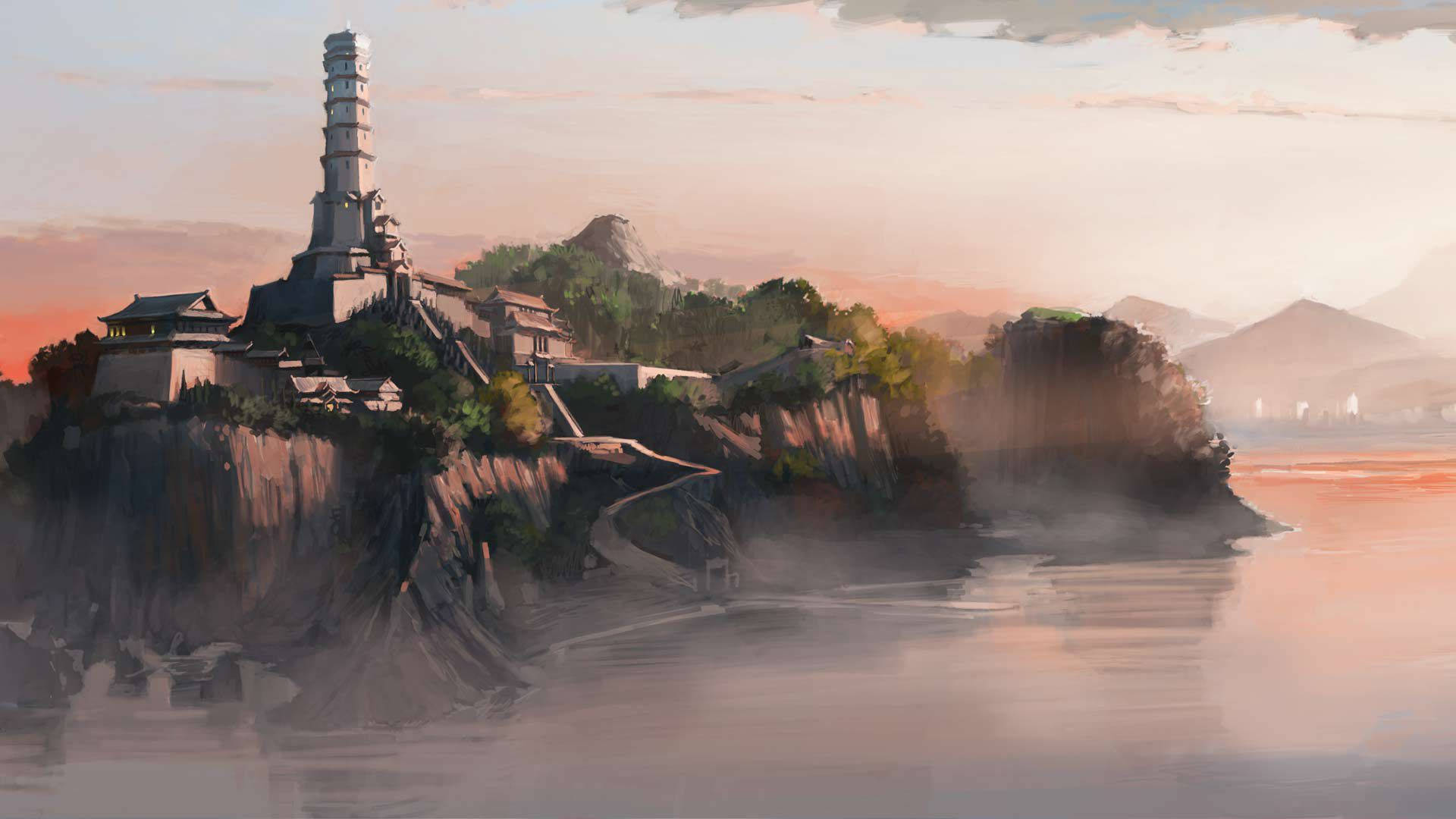 Korra 桌布 壁紙 — 一幅寧靜的日落畫作，描繪古老寺廟遺跡坐落在霧氣繚繞的懸崖上，俯瞰平靜的水面和遠山。