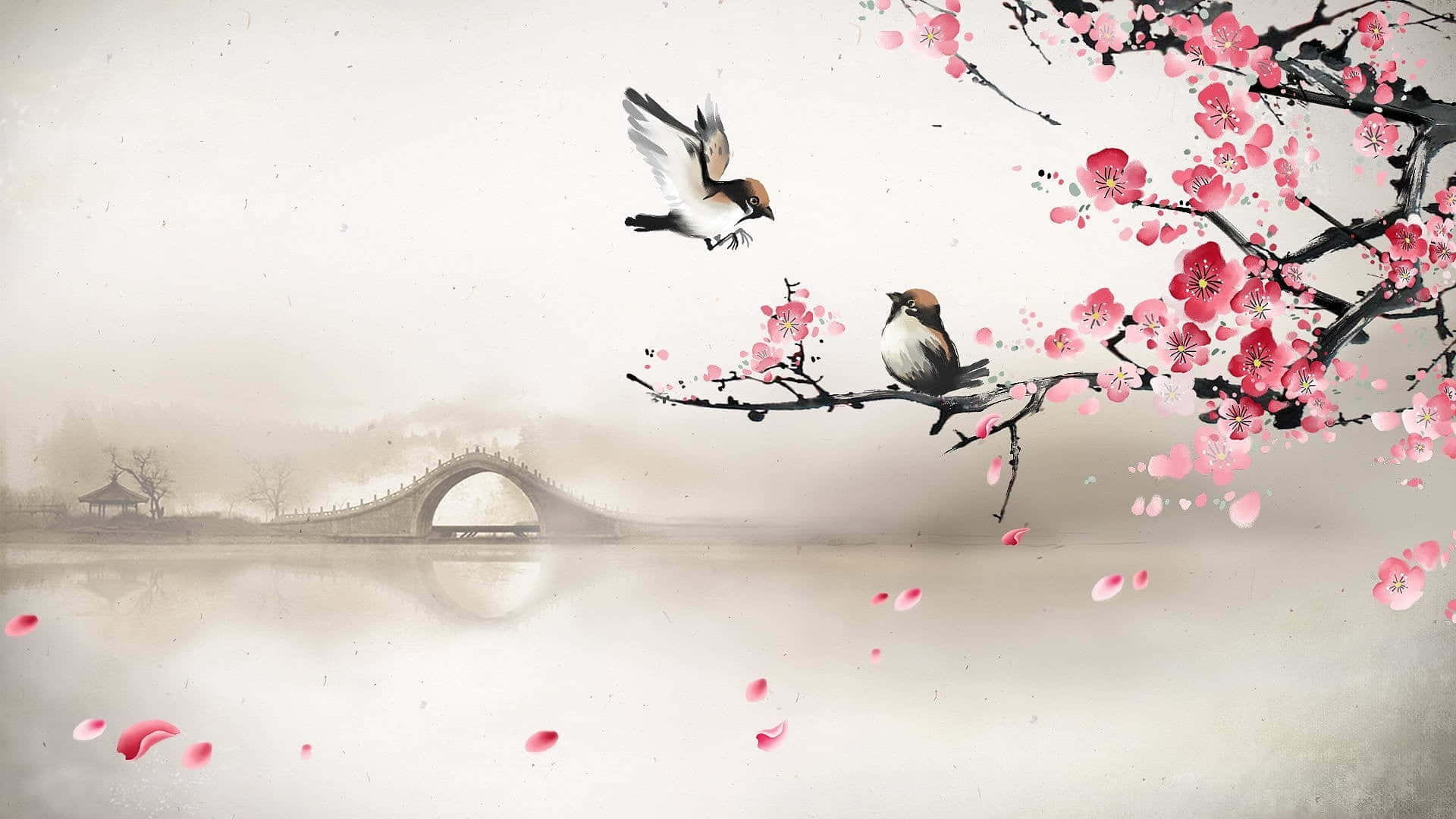 Spring Birds 桌布 壁紙 — 一幅寧靜的水墨畫，描繪兩隻鳥在粉紅櫻花附近，霧氣瀰漫的拱橋倒映在平靜的水面上。