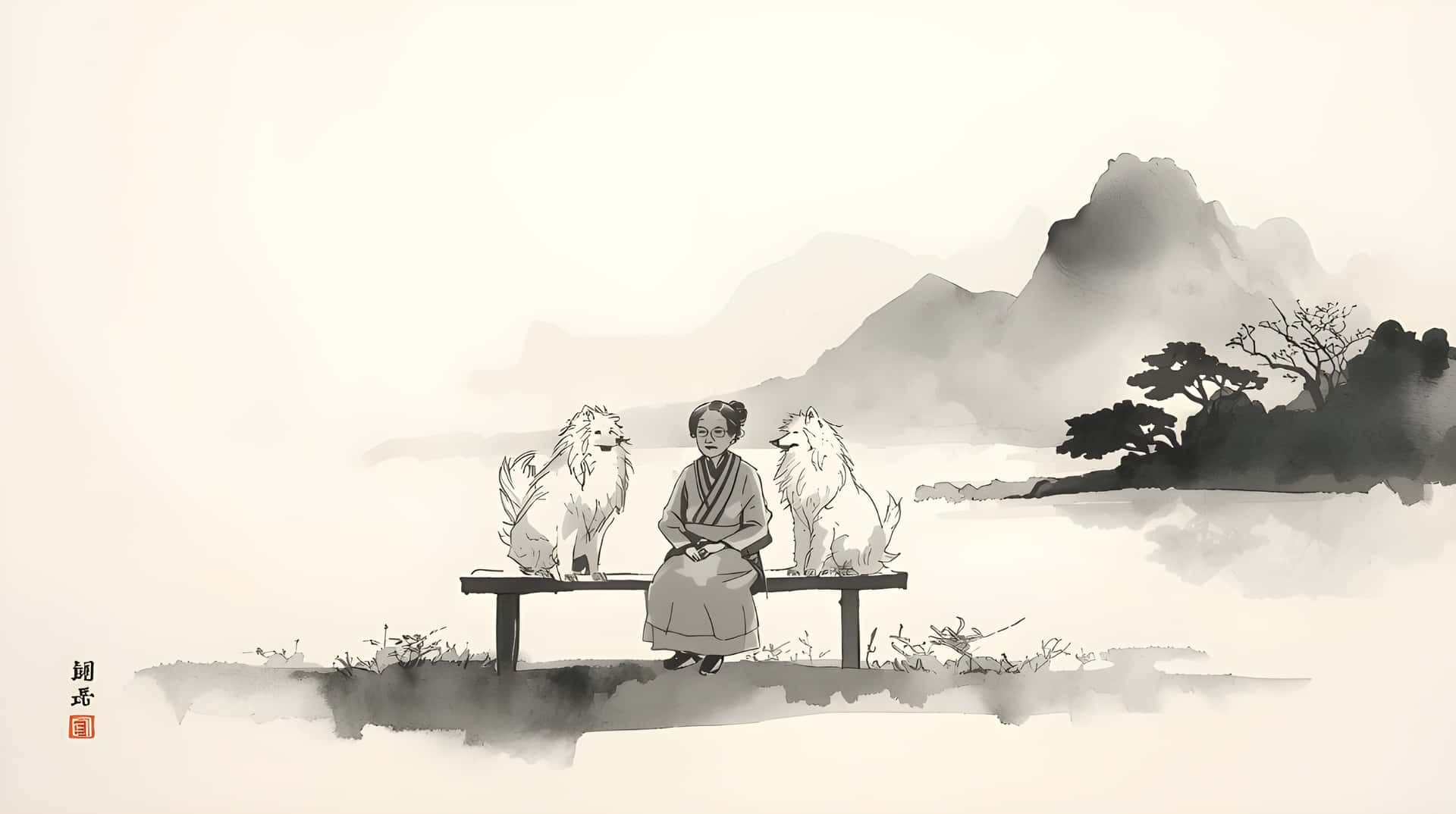 Traditional Zen Art Woman Resting on Bench with Pets Wallpaper 壁紙 — 一幅寧靜的水墨畫描繪了一個穿著長袍的人物坐在長椅上，旁邊有兩隻毛茸茸的狗，背景是霧氣繚繞的山巒和稀疏的樹木。