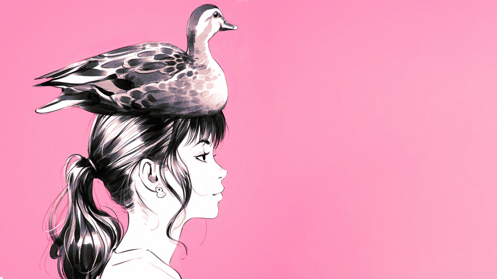 鴨子 桌布 壁紙 — 一幅寧靜的水彩插圖，描繪一位年輕女子的側面，一隻鴨子平靜地棲息在她的頭上，背景是柔和的粉紅色。