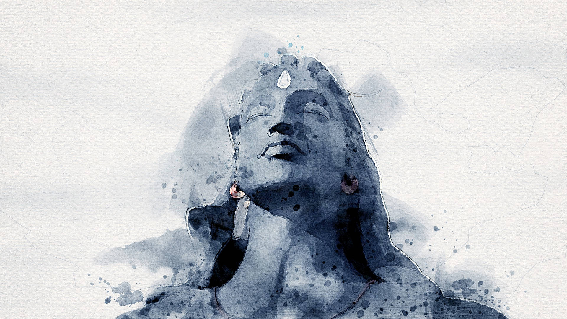 shiv shankar 桌布 壁紙 — 一幅寧靜的水彩肖像畫，描繪一位閉著眼睛、擁有第三隻眼的石神，以深藍色和灰色在紋理紙上呈現。