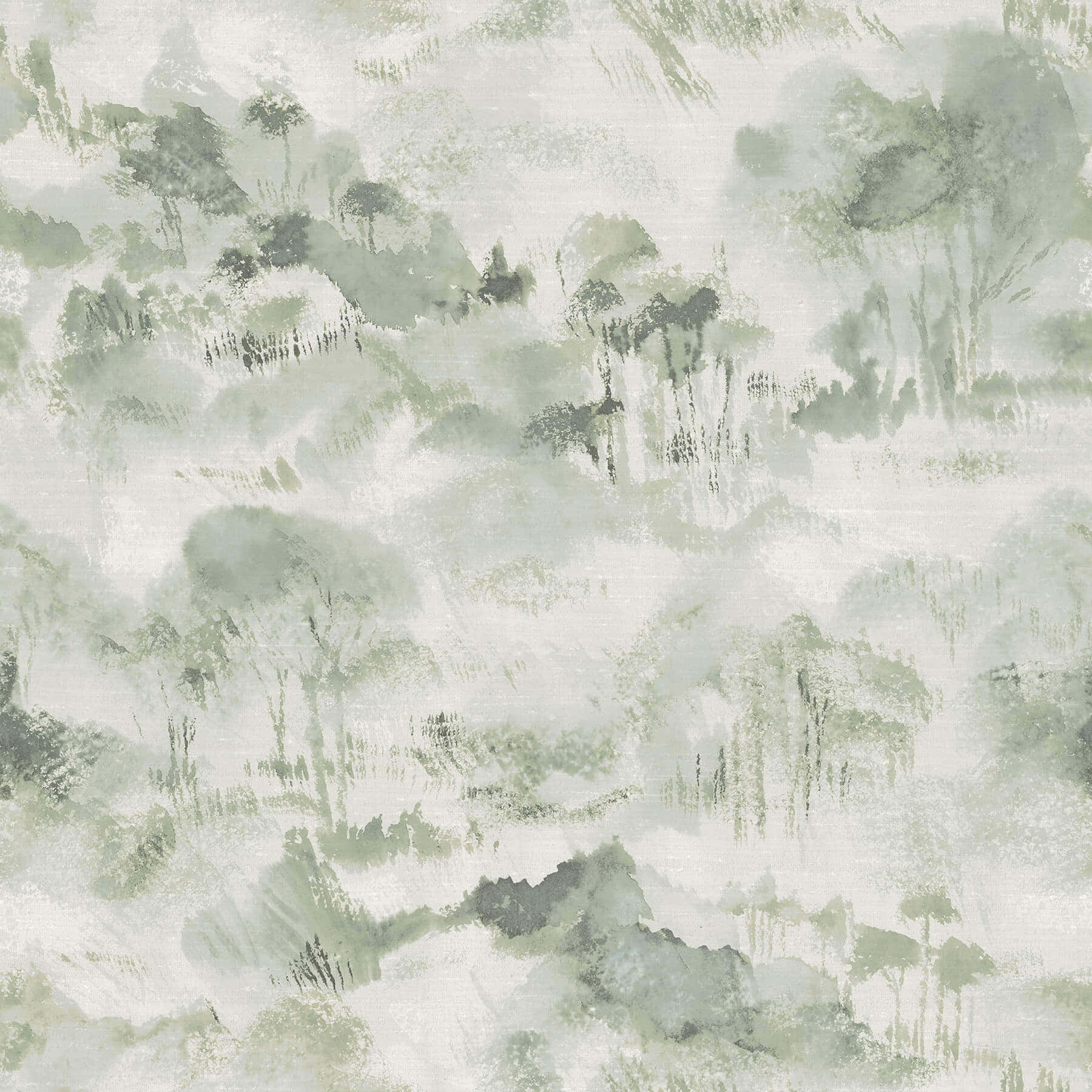 鼠尾草綠 桌布 壁紙 — 一幅寧靜的水彩風景畫，描繪霧氣瀰漫的綠色樹木和山丘，逐漸融入柔軟的白雲中。