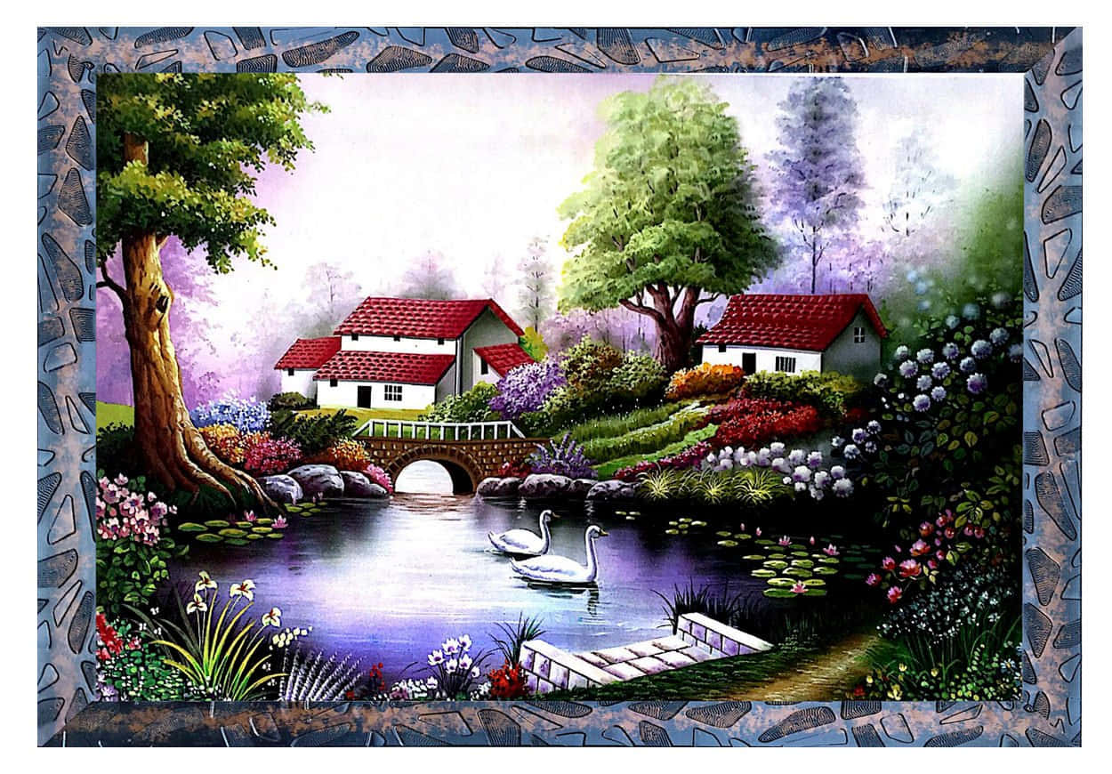 Beautiful Art 桌布 壁紙 — 一幅寧靜的畫作，描繪了兩間紅頂小屋坐落在池塘邊，池塘有天鵝、睡蓮和鮮豔的花朵，上方是柔和的紫色天空。