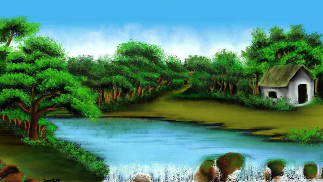 美麗高畫質 桌布 壁紙 — 一幅寧靜的畫作，描繪了流淌的河流、小瀑布、茂密的綠樹，以及森林中一座質樸的小木屋。